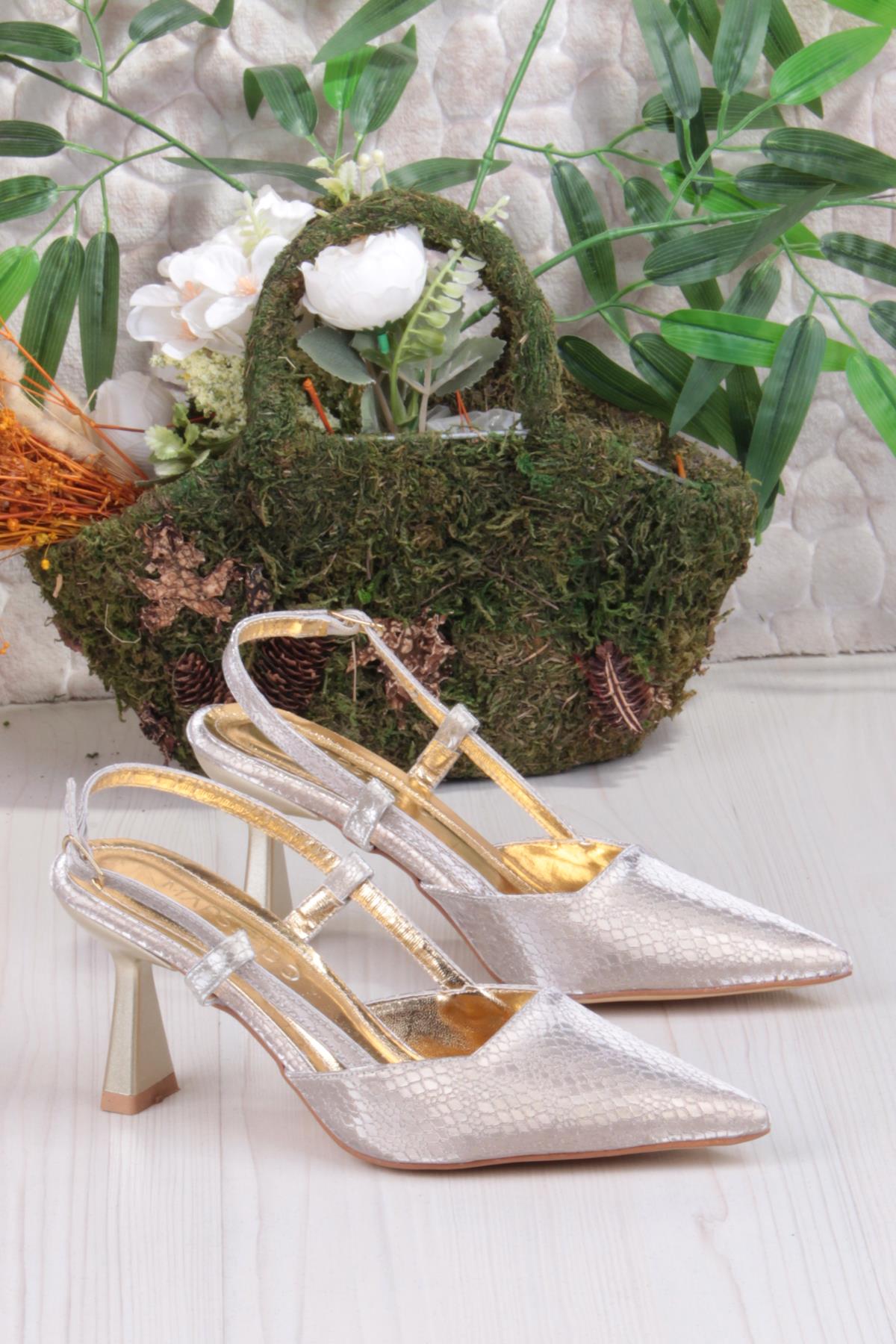 087-90 Fls Baskılı Arkası Açık Önü Kapalı Topuklu Ayakkabı - Görsel 6