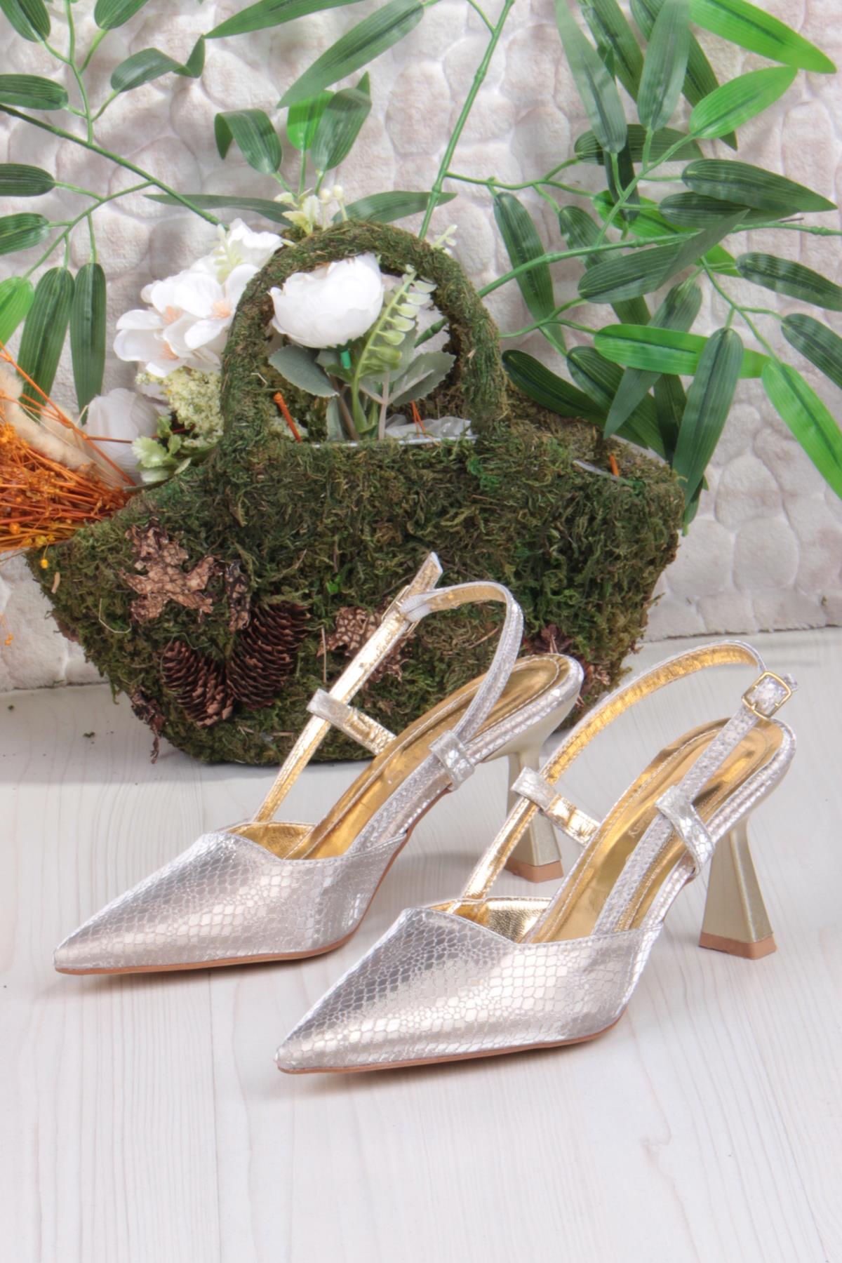 087-90 Fls Baskılı Arkası Açık Önü Kapalı Topuklu Ayakkabı - Görsel 7