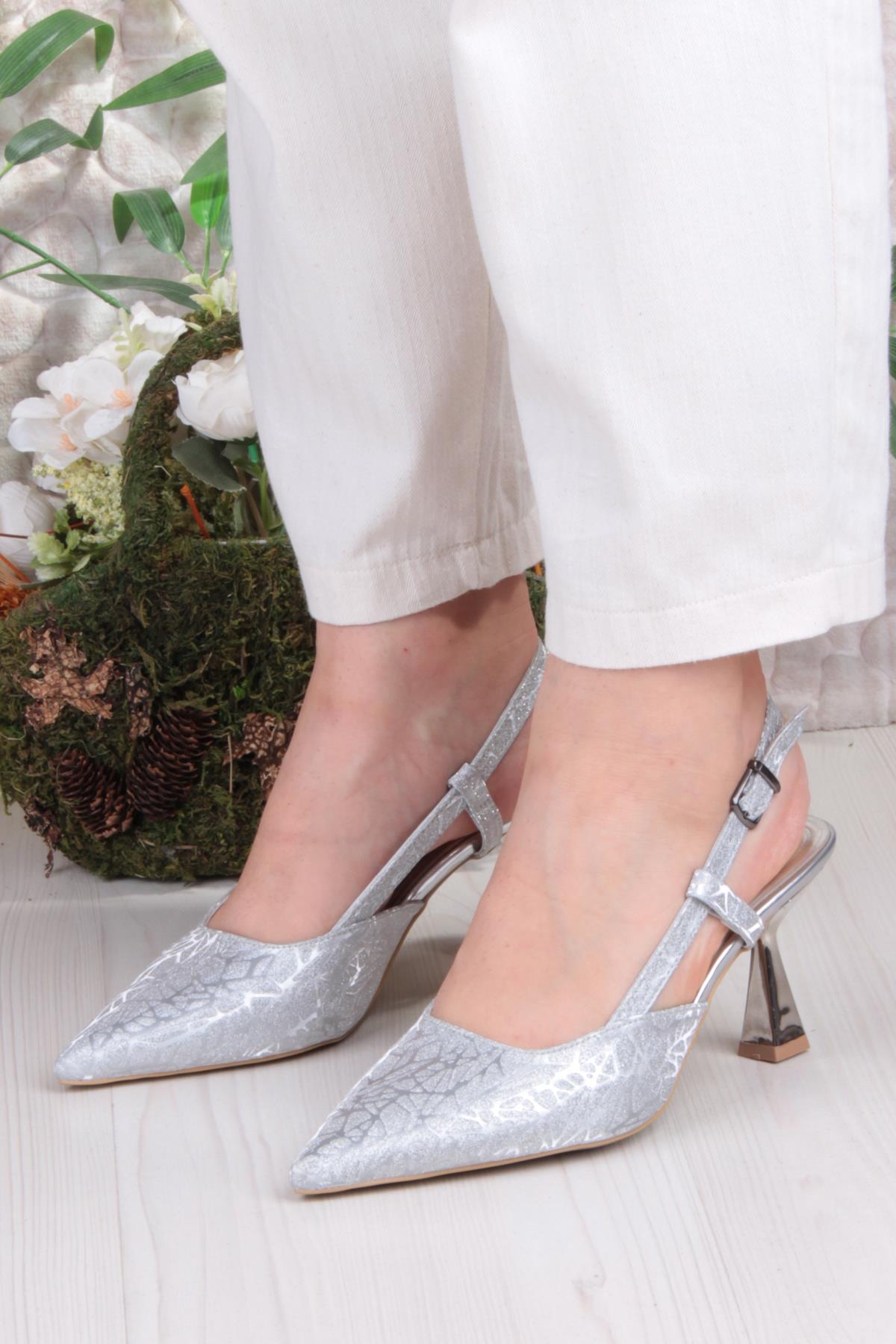 1182-09 Fls Saten Baskılı Arkası Açık Topuklu Kadın Ayakkabı - Görsel 3