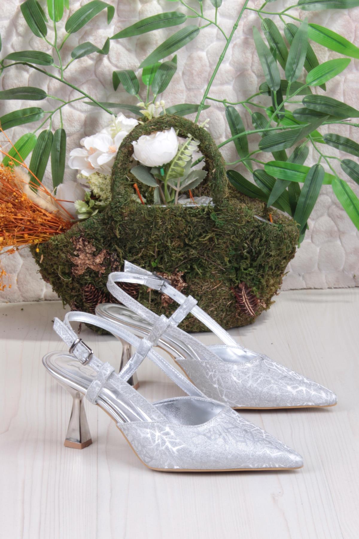 1182-09 Fls Saten Baskılı Arkası Açık Topuklu Kadın Ayakkabı - Görsel 6