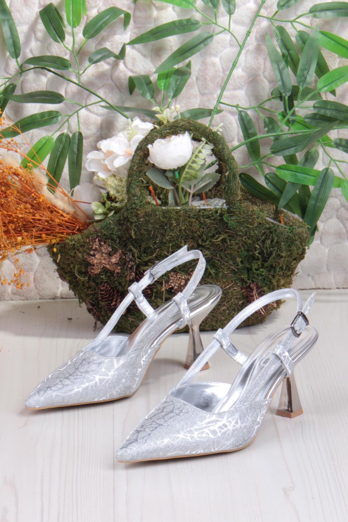 1182-09 Fls Saten Baskılı Arkası Açık Topuklu Kadın Ayakkabı - Görsel 7