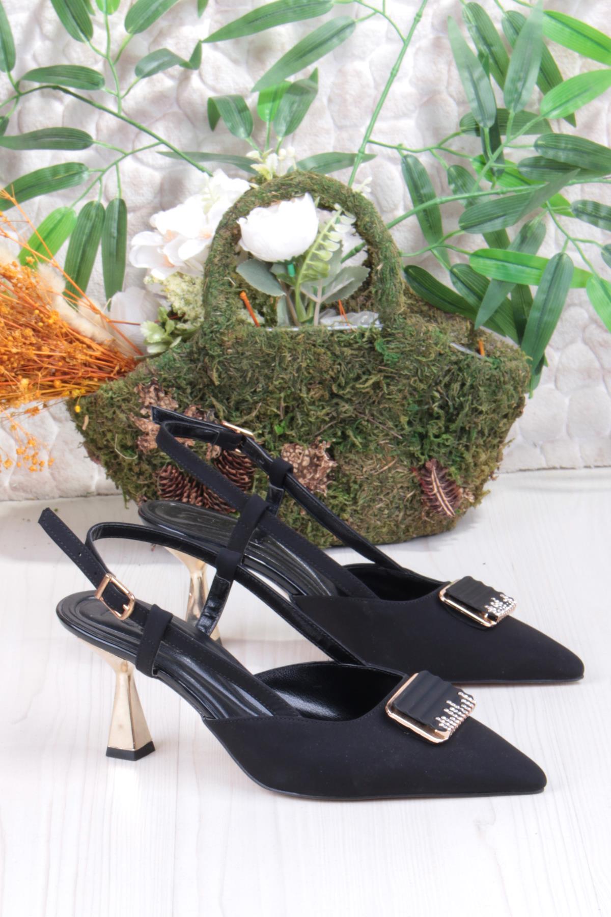 077-1183 Fls Saten Toka Detaylı Arkası Açık Topuklu Kadın Ayakkabı - Görsel 2