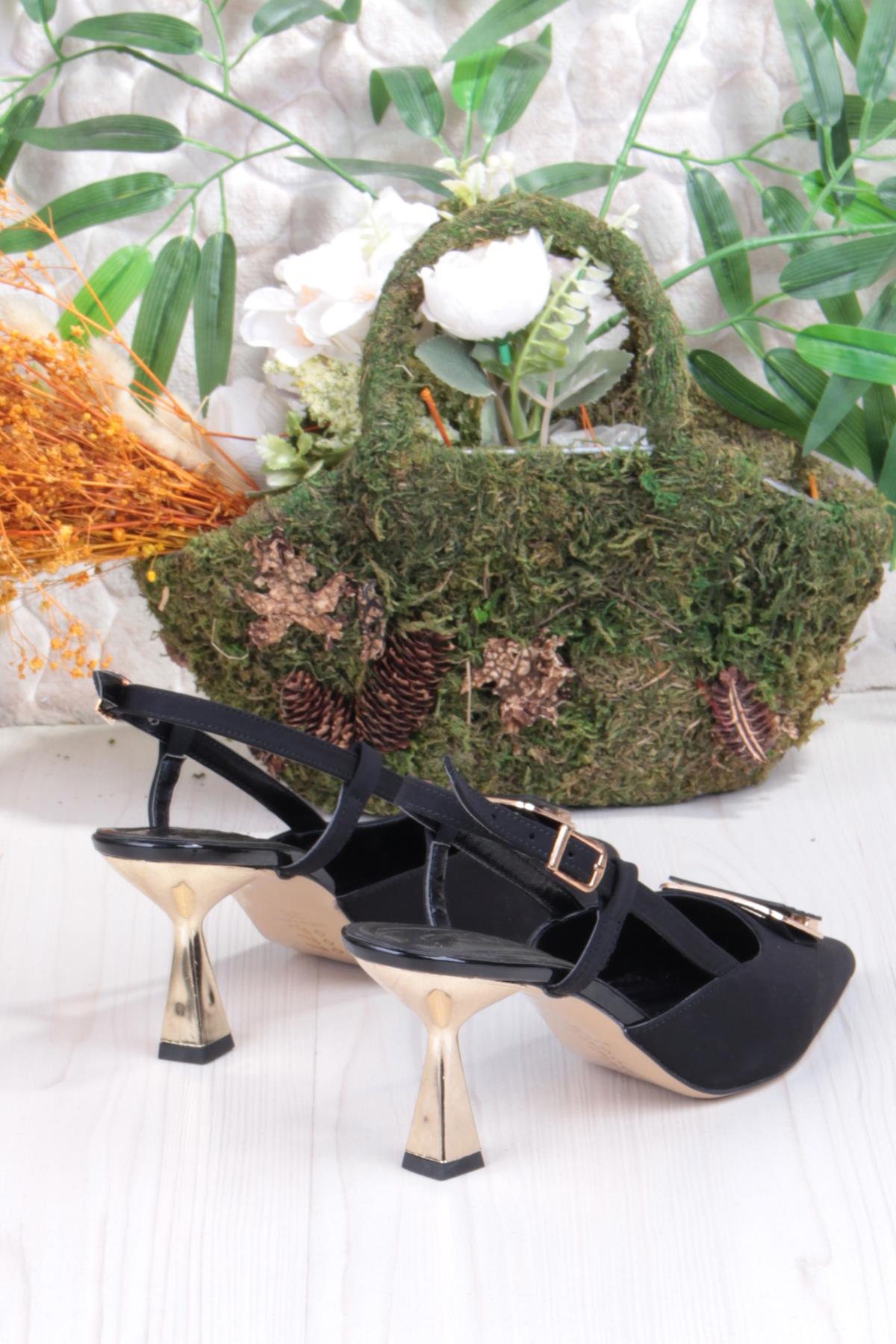 077-1183 Fls Saten Toka Detaylı Arkası Açık Topuklu Kadın Ayakkabı - Görsel 4