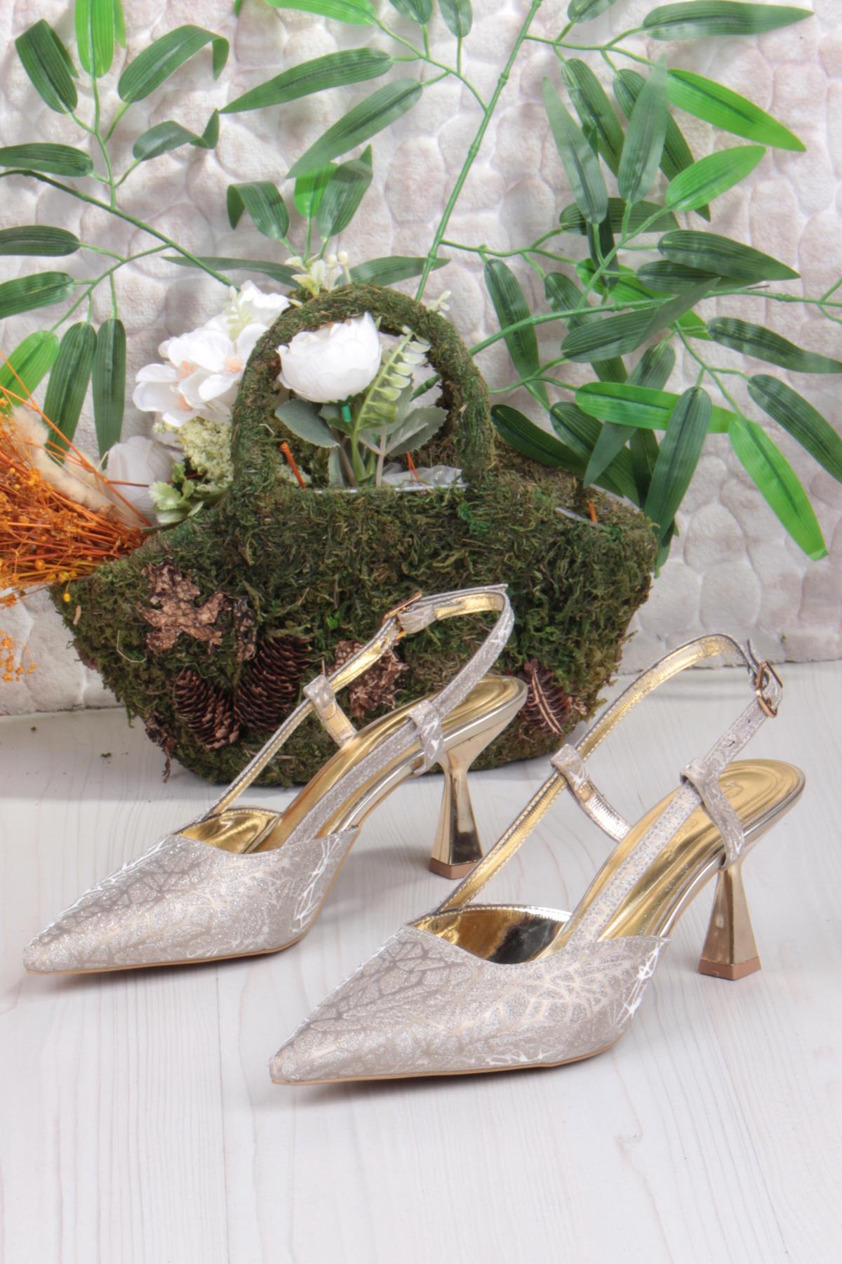 1182-09 Fls Saten Baskılı Arkası Açık Topuklu Kadın Ayakkabı - Görsel 3