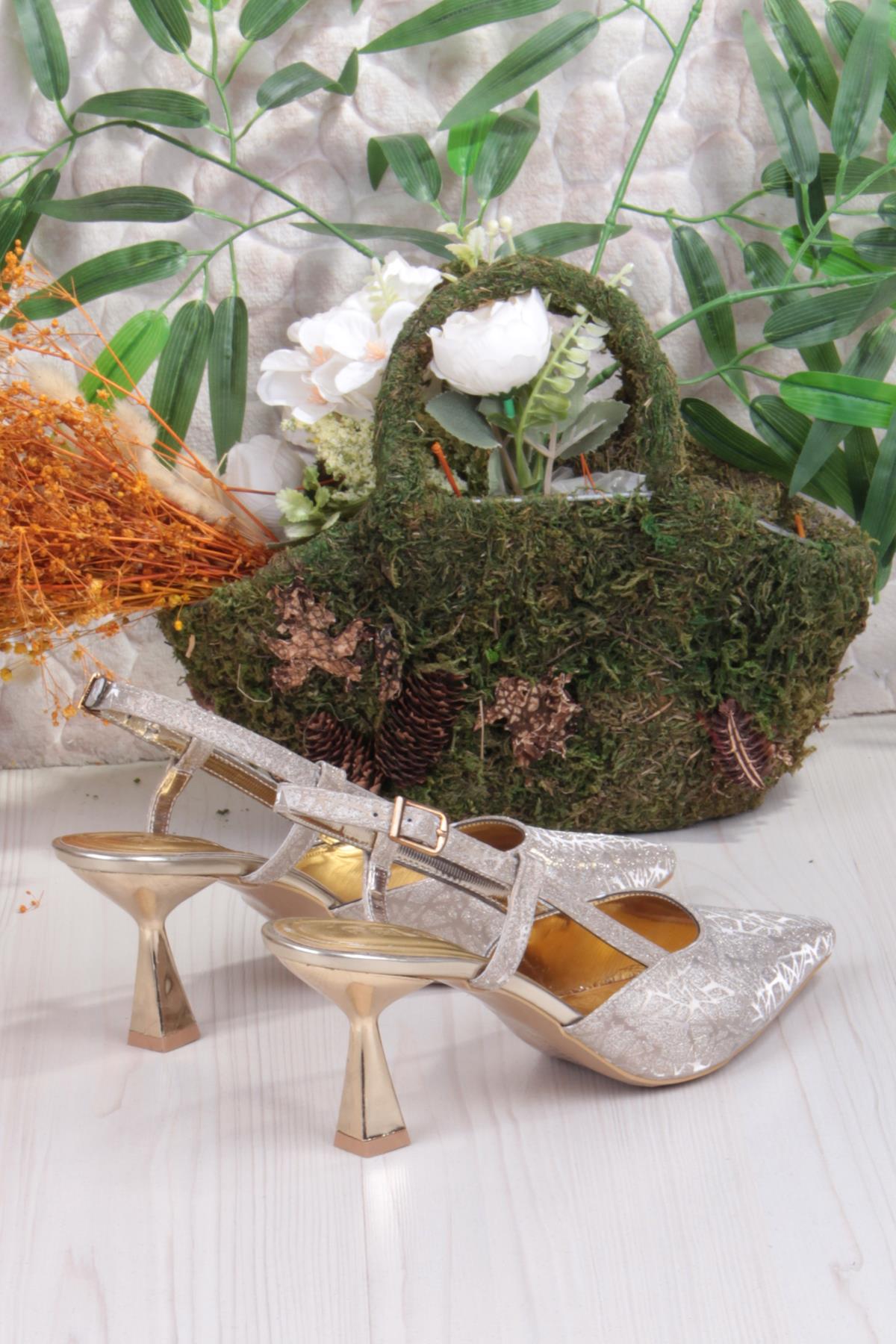 1182-09 Fls Saten Baskılı Arkası Açık Topuklu Kadın Ayakkabı - Görsel 4