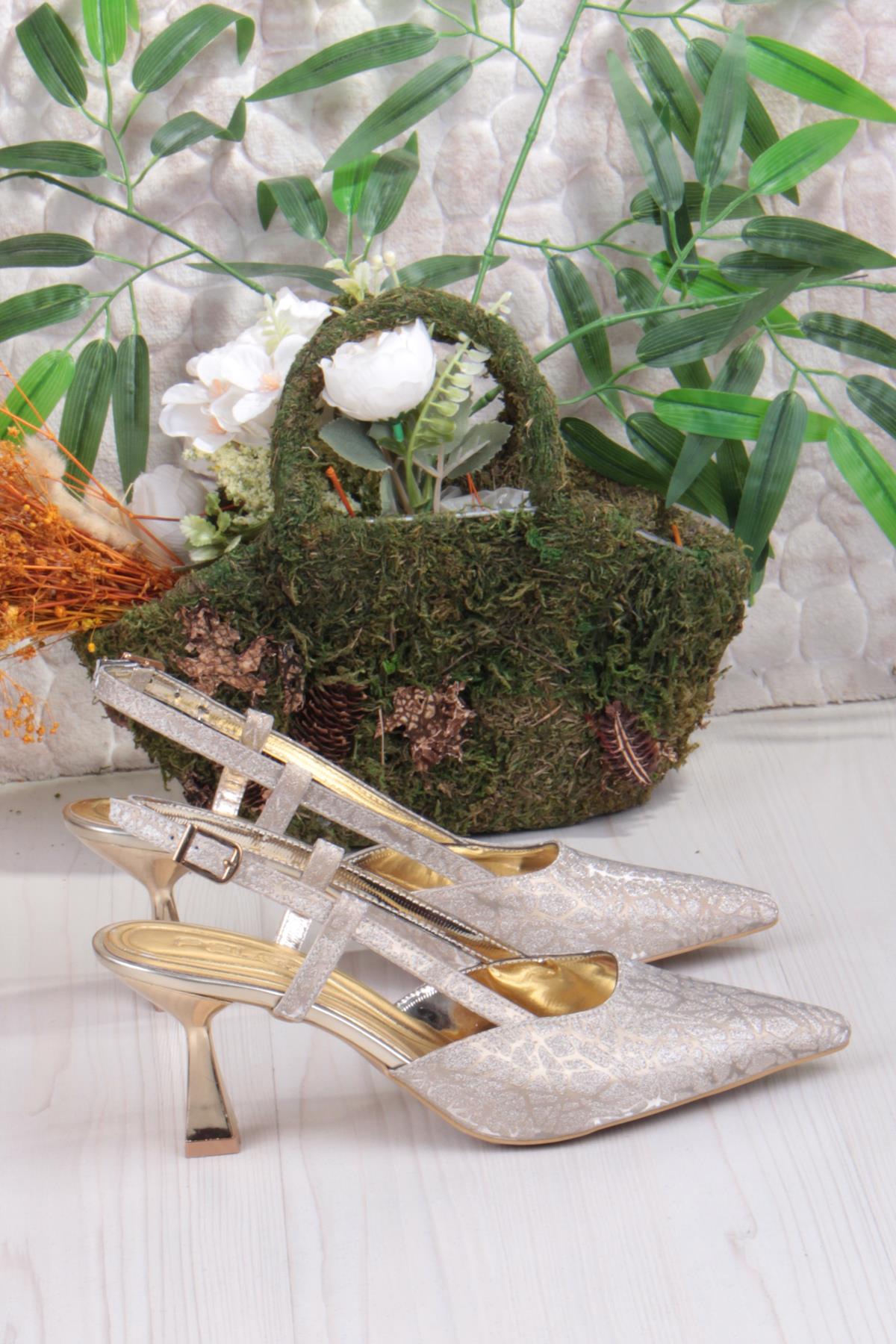 1182-09 Fls Saten Baskılı Arkası Açık Topuklu Kadın Ayakkabı - Görsel 5