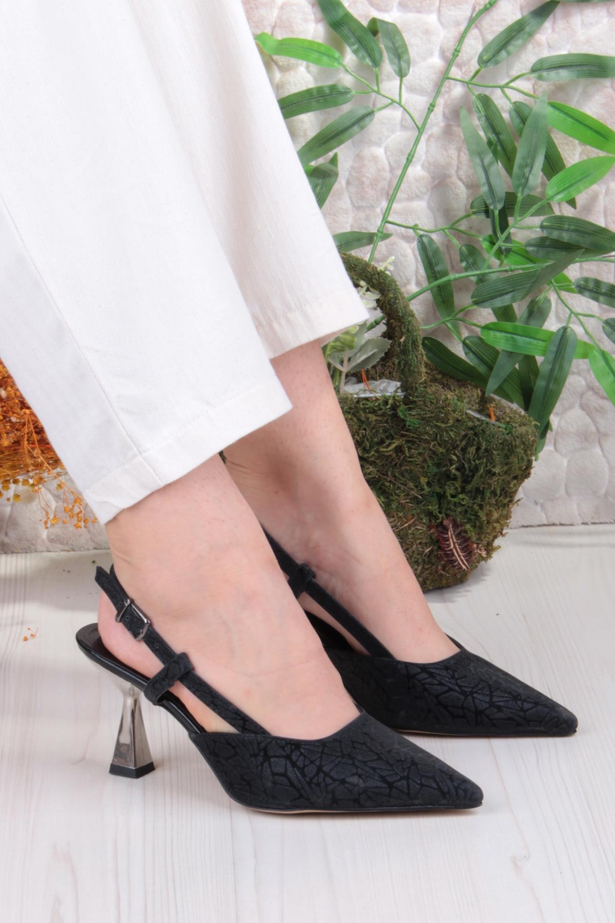 1182-09 Fls Saten Baskılı Arkası Açık Topuklu Kadın Ayakkabı - Görsel 2