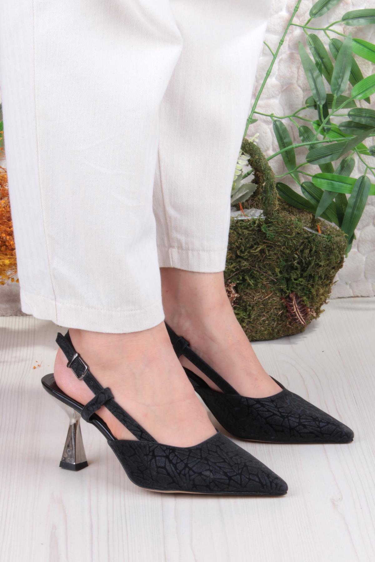 1182-09 Fls Saten Baskılı Arkası Açık Topuklu Kadın Ayakkabı - Görsel 4