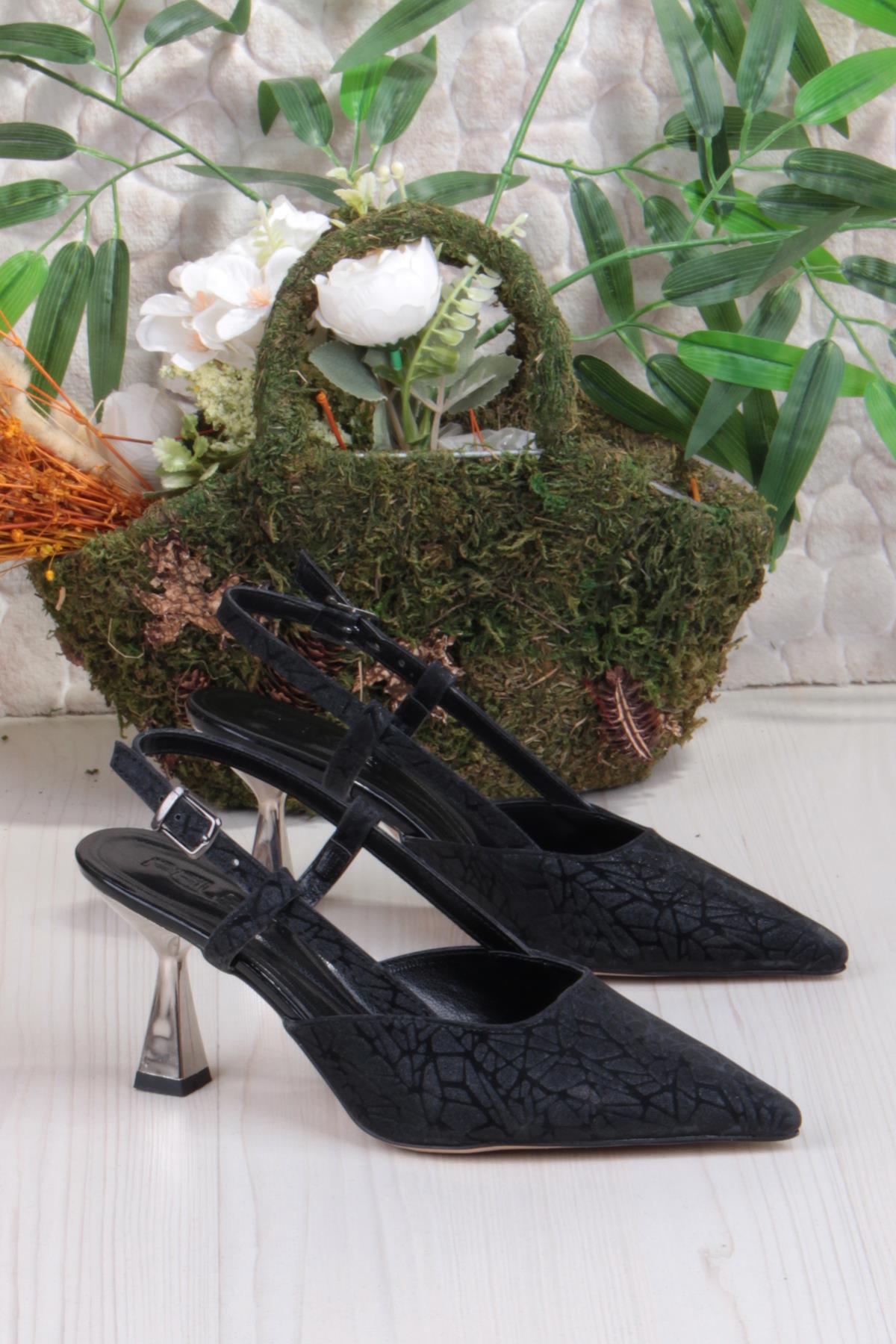 1182-09 Fls Saten Baskılı Arkası Açık Topuklu Kadın Ayakkabı - Görsel 6