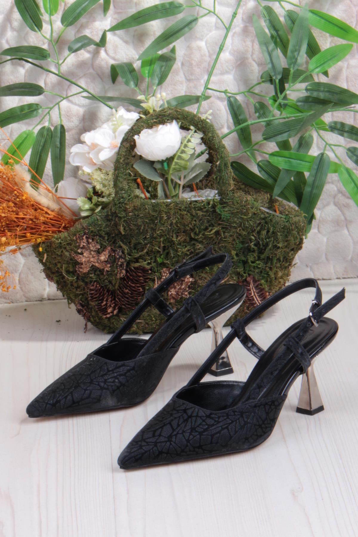 1182-09 Fls Saten Baskılı Arkası Açık Topuklu Kadın Ayakkabı - Görsel 7