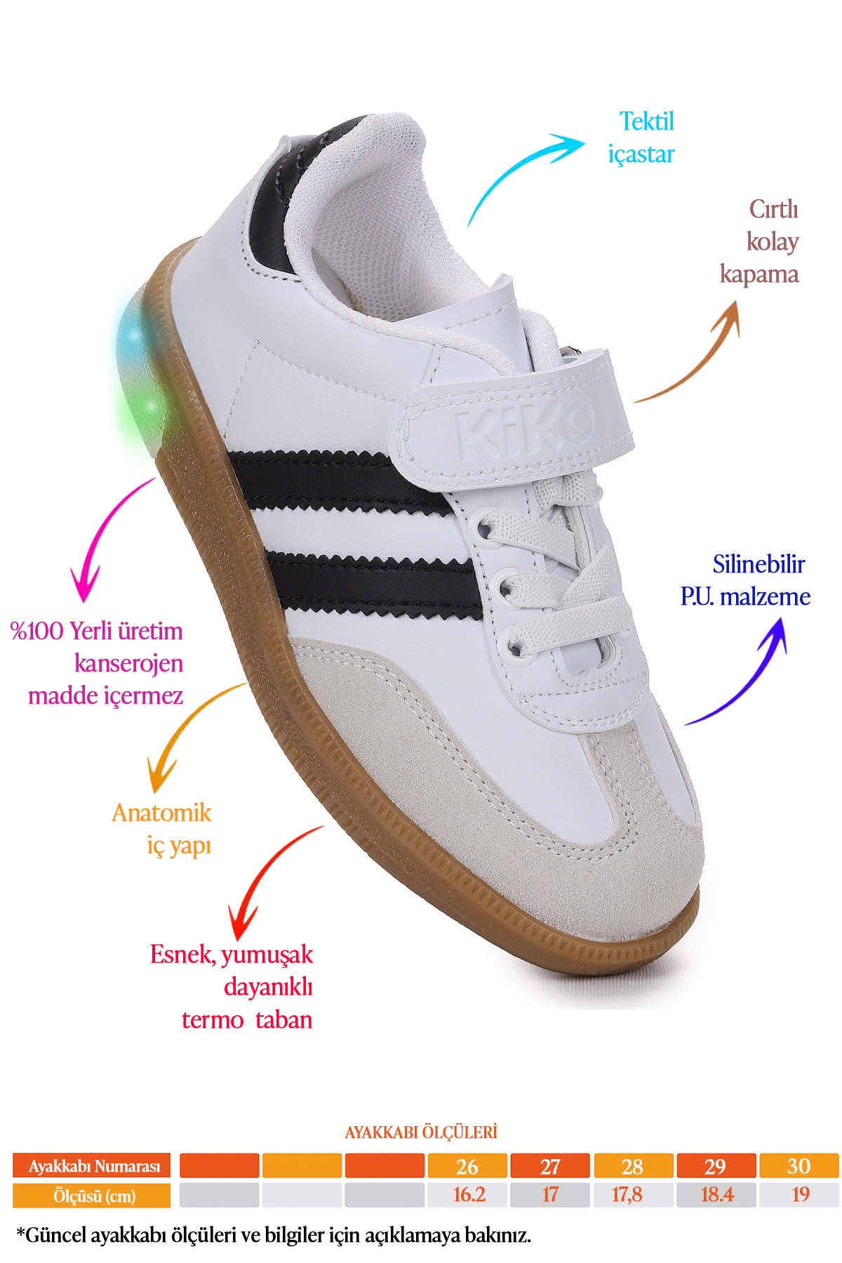 Renis Günlük Cırtlı Işıklı Erkek Çocuk Spor Ayakkabı Beyaz - Siyah - Görsel 3