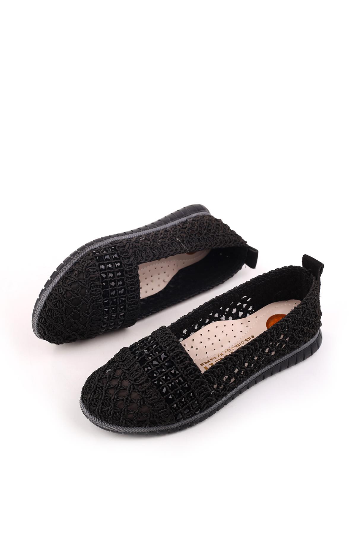 4756 Kadın Dantel Örme Günlük Taşlı Babet Ayakkabı - Görsel 4