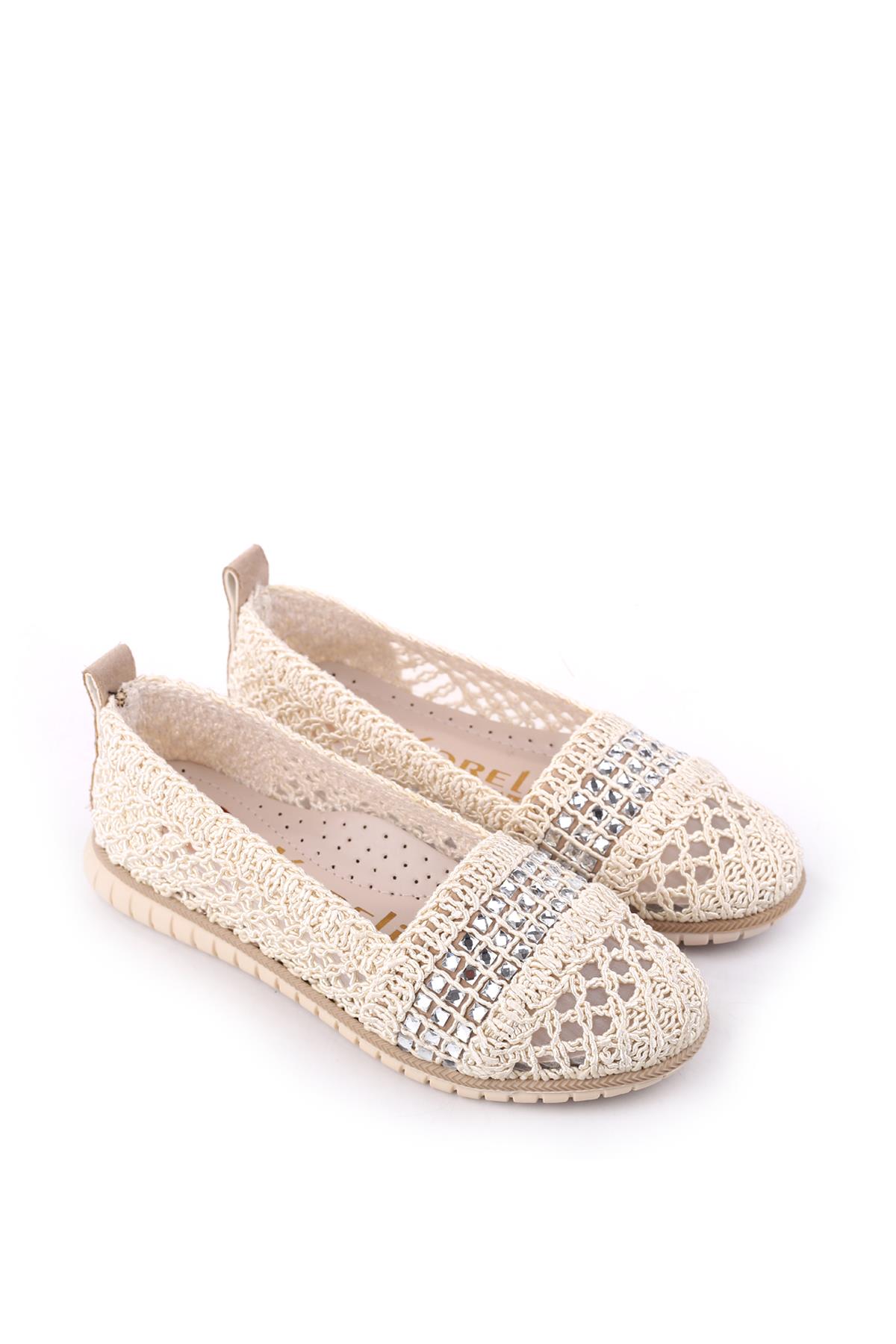 4756 Kadın Dantel Örme Günlük Taşlı Babet Ayakkabı - Görsel 2