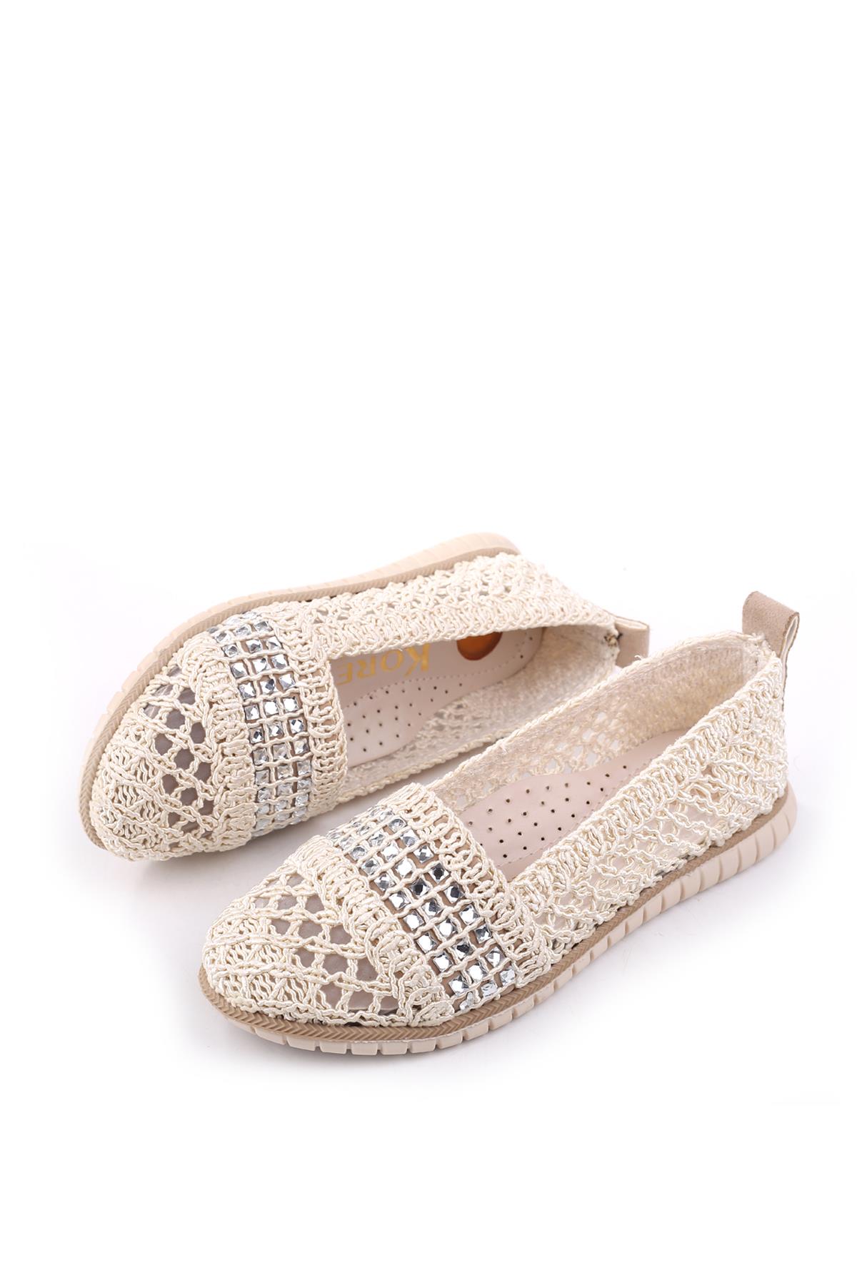 4756 Kadın Dantel Örme Günlük Taşlı Babet Ayakkabı - Görsel 4