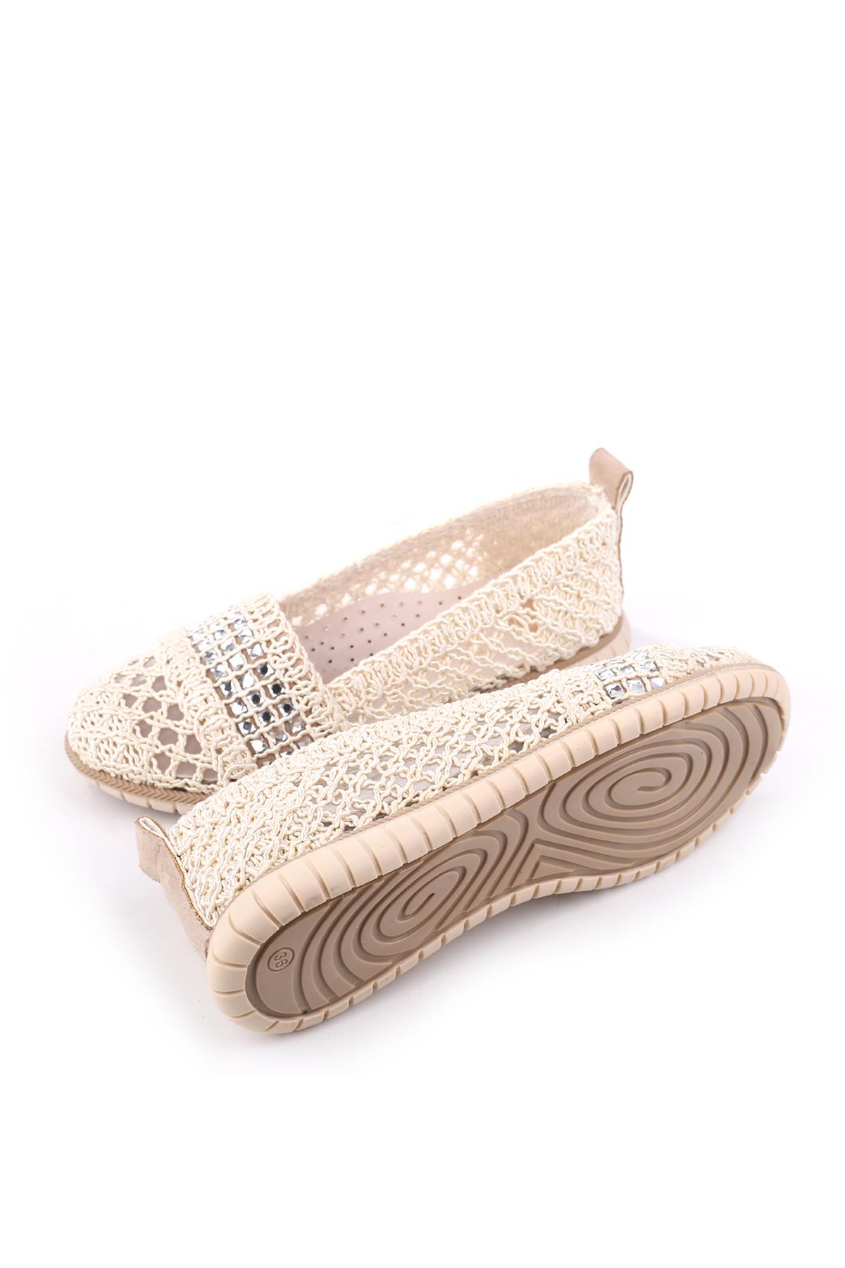 4756 Kadın Dantel Örme Günlük Taşlı Babet Ayakkabı - Görsel 6