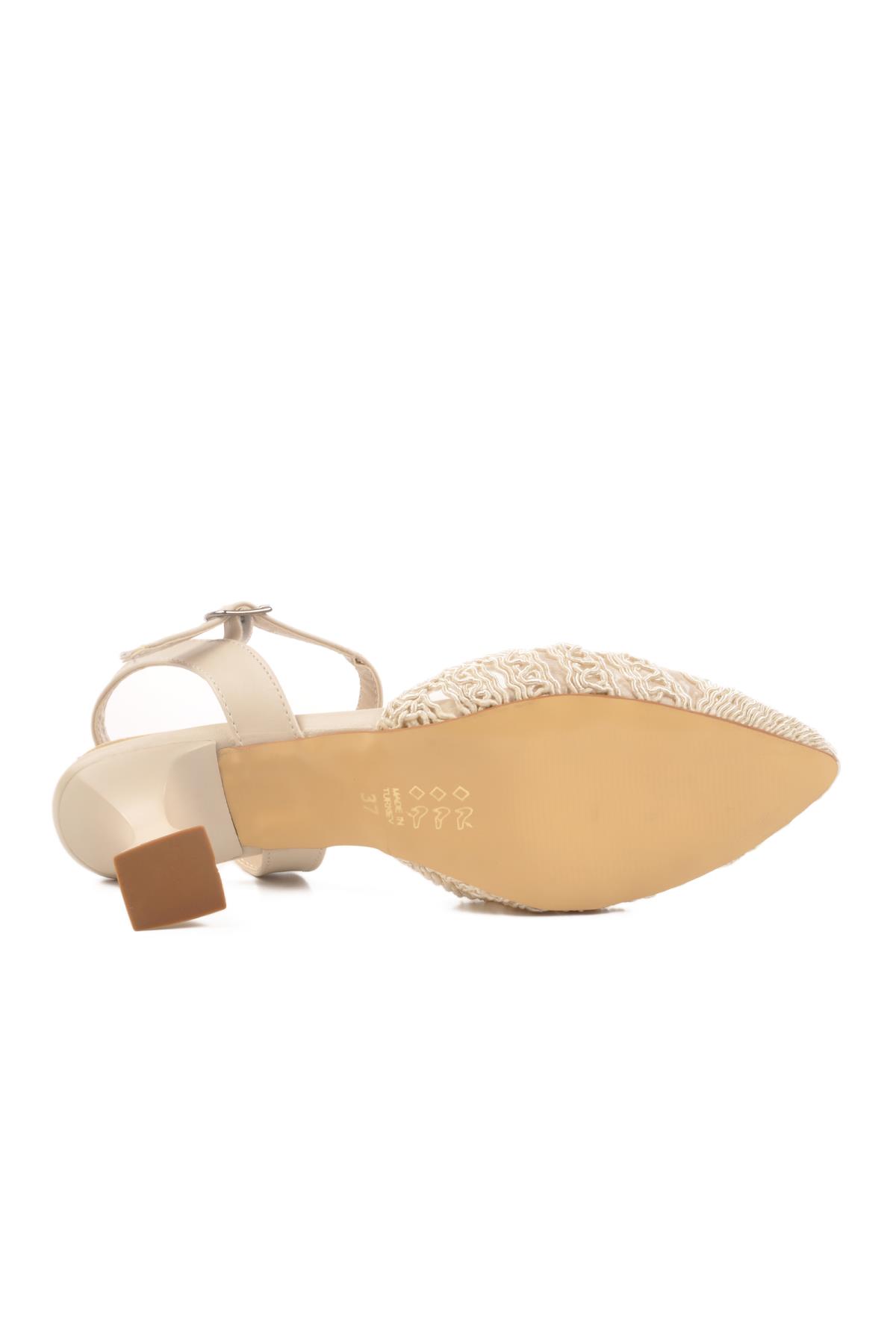 PC-54660 Z Krem Kadın Hasır Örgü Abiye Ayakkabı - Görsel 6