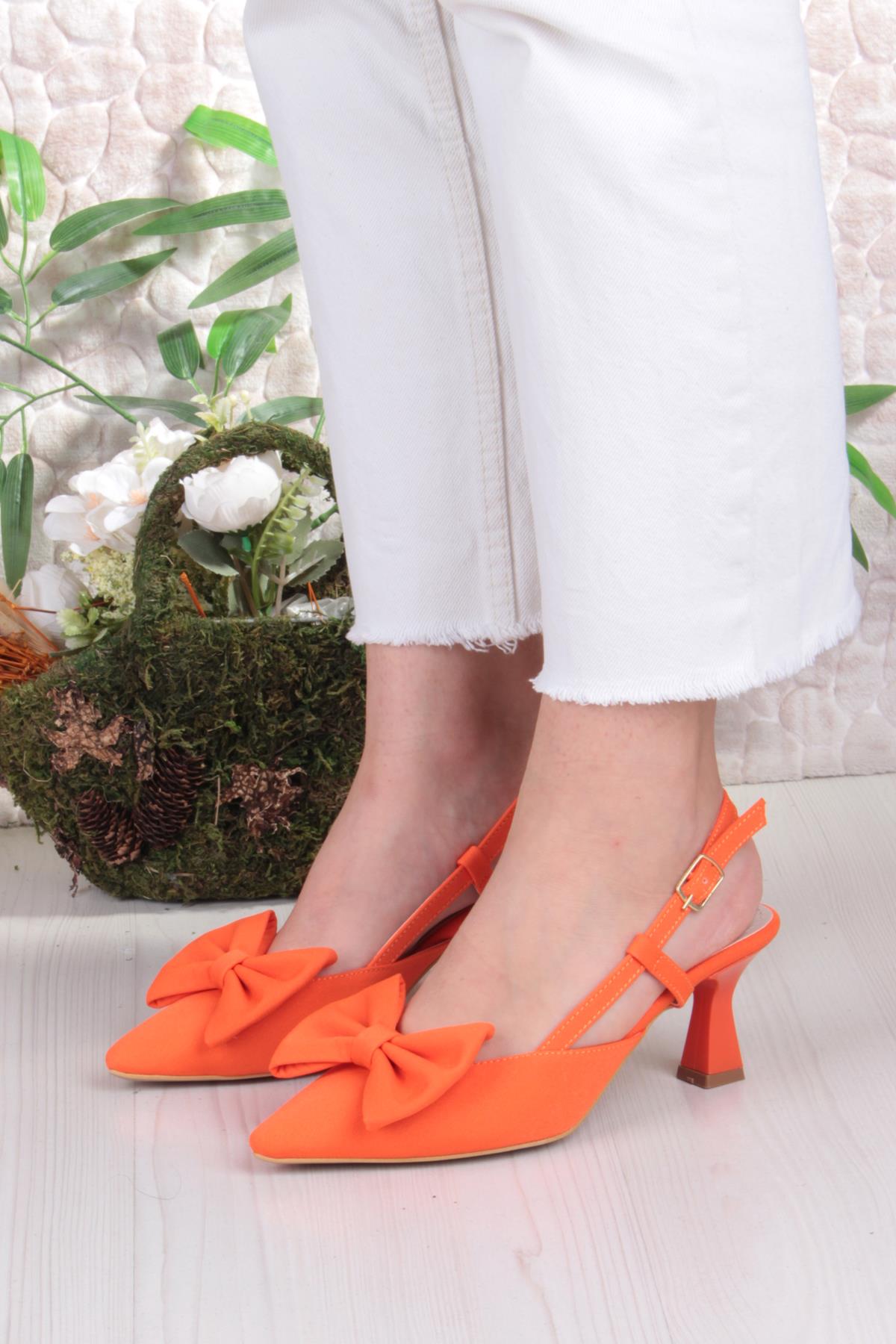 018-407 Fls Saten Önü Kapalı Fiyonklu Arkası Açık Topuklu Ayakkabı - Görsel 3