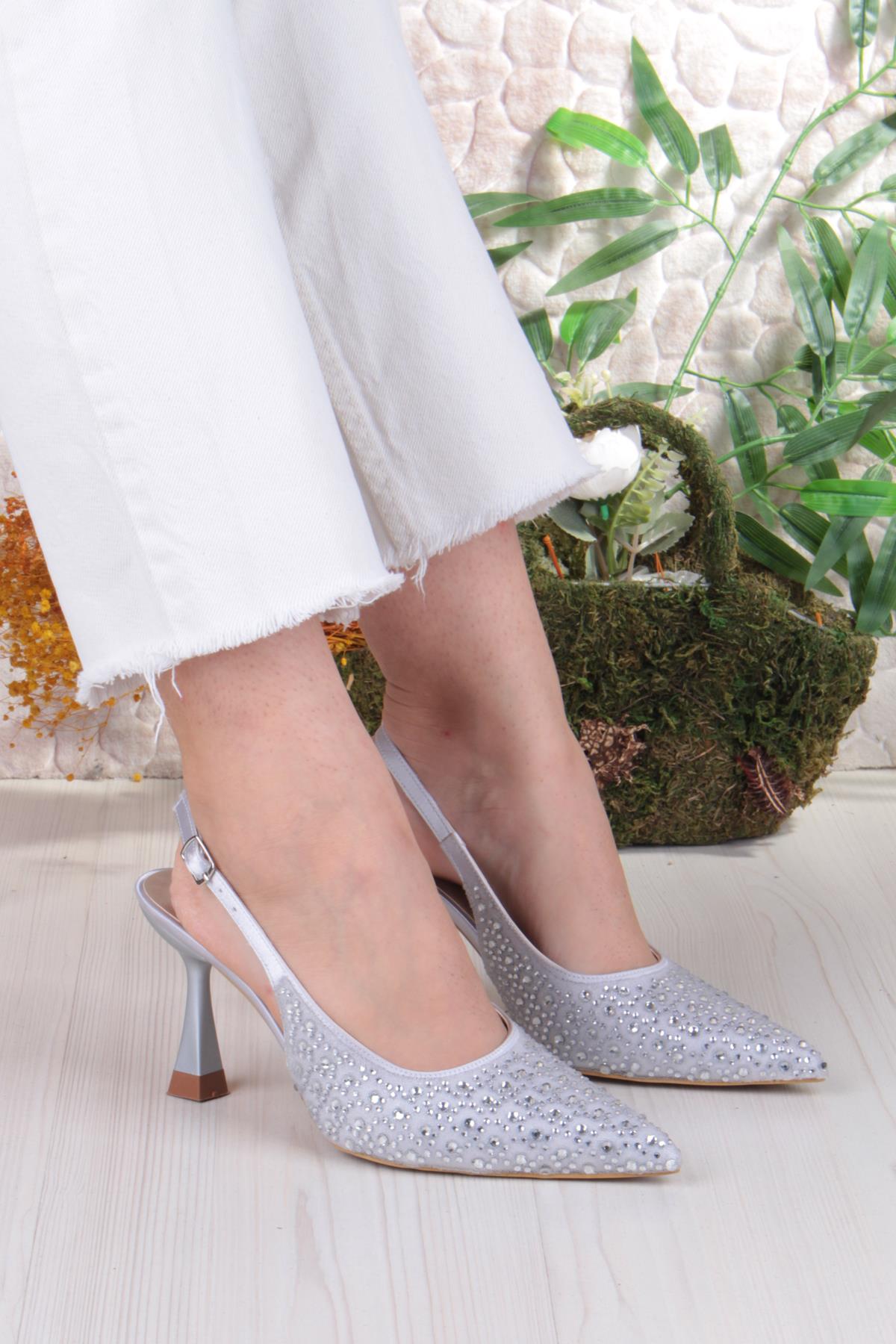 042-363 Fls Taş Baskılı Önü Kapalı Arkası Açık Topuklu Kadın Ayakkabı - Görsel 2