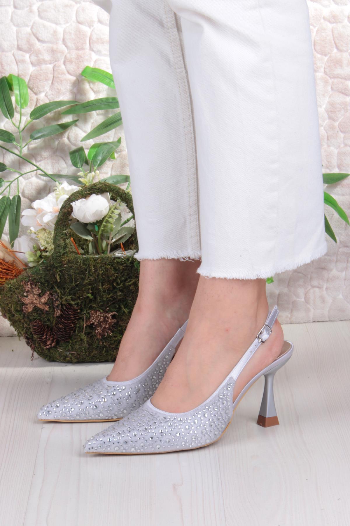 042-363 Fls Taş Baskılı Önü Kapalı Arkası Açık Topuklu Kadın Ayakkabı - Görsel 3