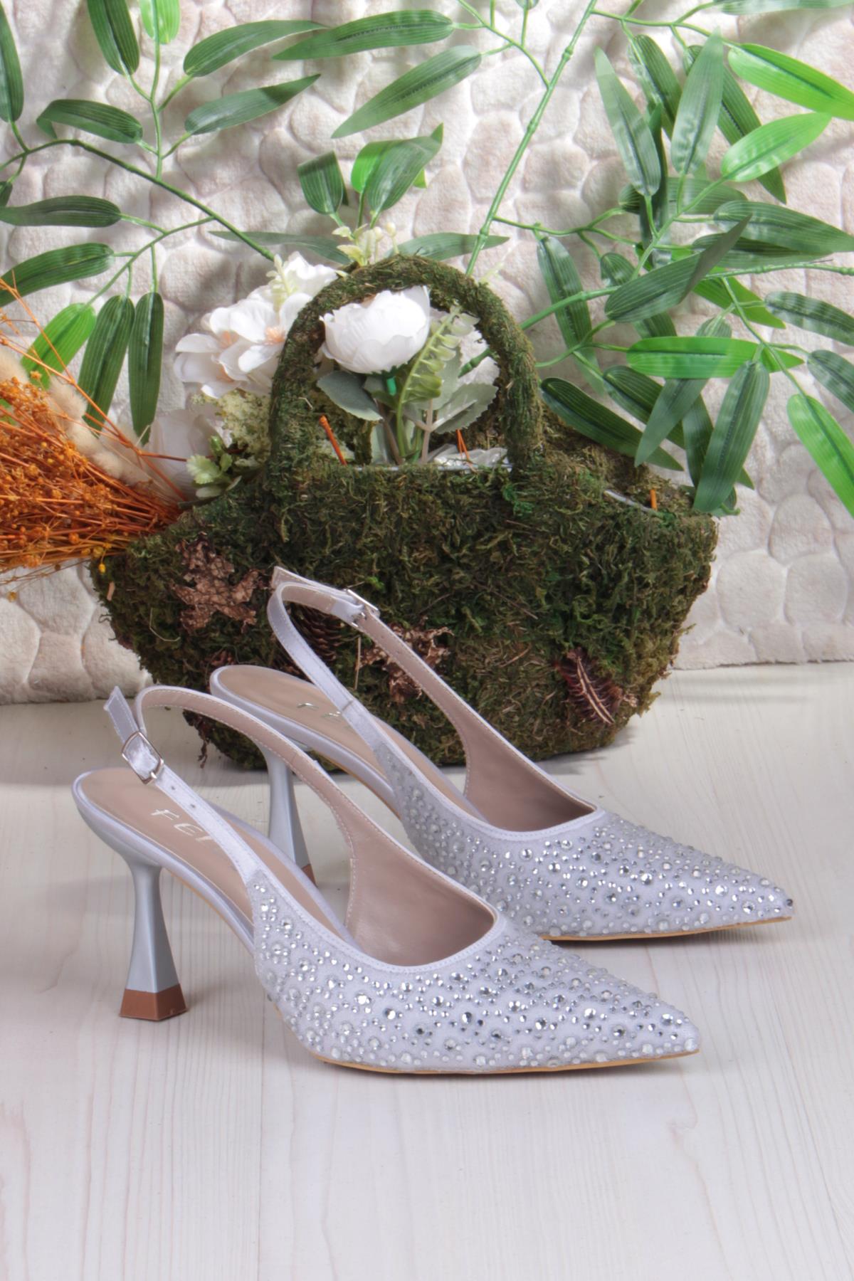 042-363 Fls Taş Baskılı Önü Kapalı Arkası Açık Topuklu Kadın Ayakkabı - Görsel 6