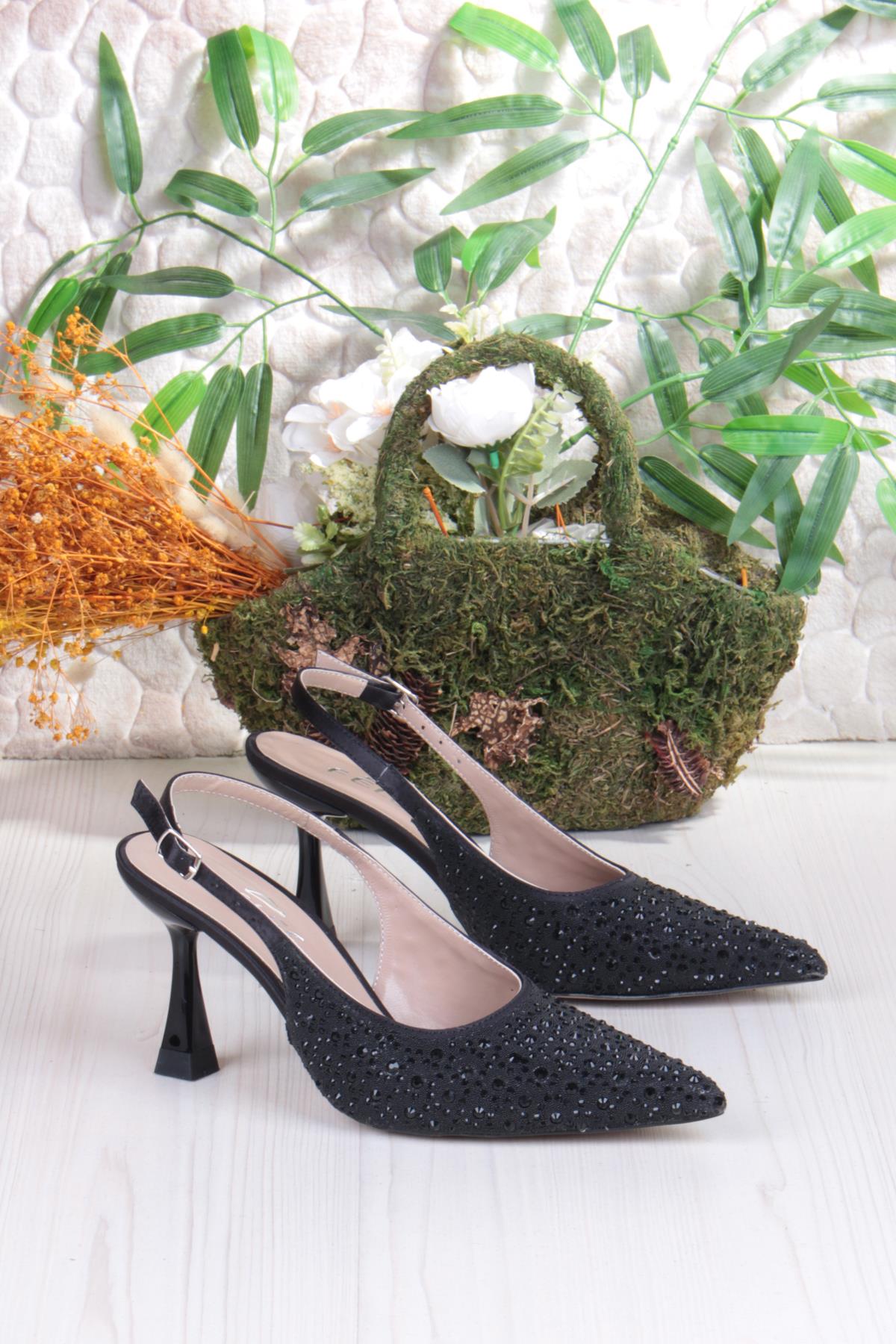 042-363 Fls Taş Baskılı Önü Kapalı Arkası Açık Topuklu Kadın Ayakkabı - Görsel 6