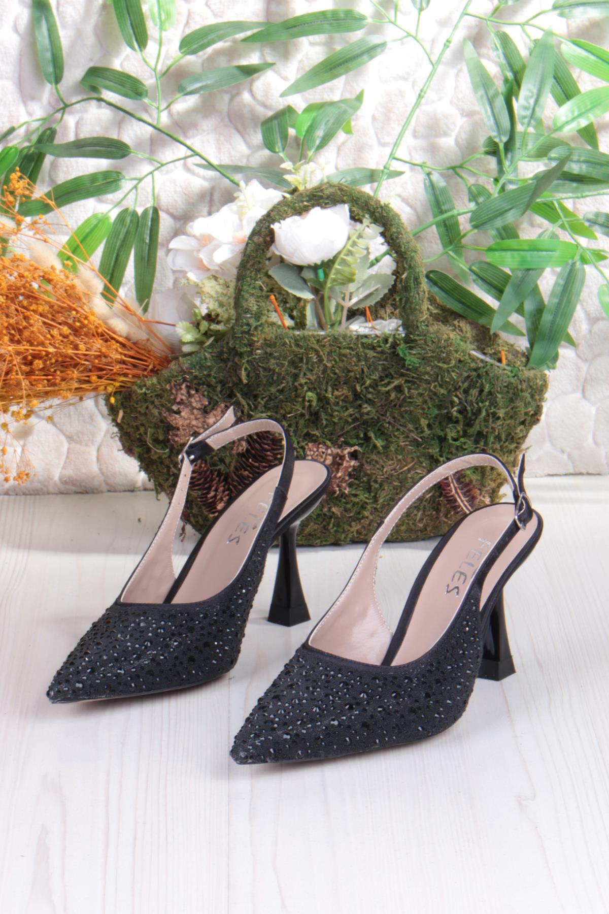 042-363 Fls Taş Baskılı Önü Kapalı Arkası Açık Topuklu Kadın Ayakkabı - Görsel 7