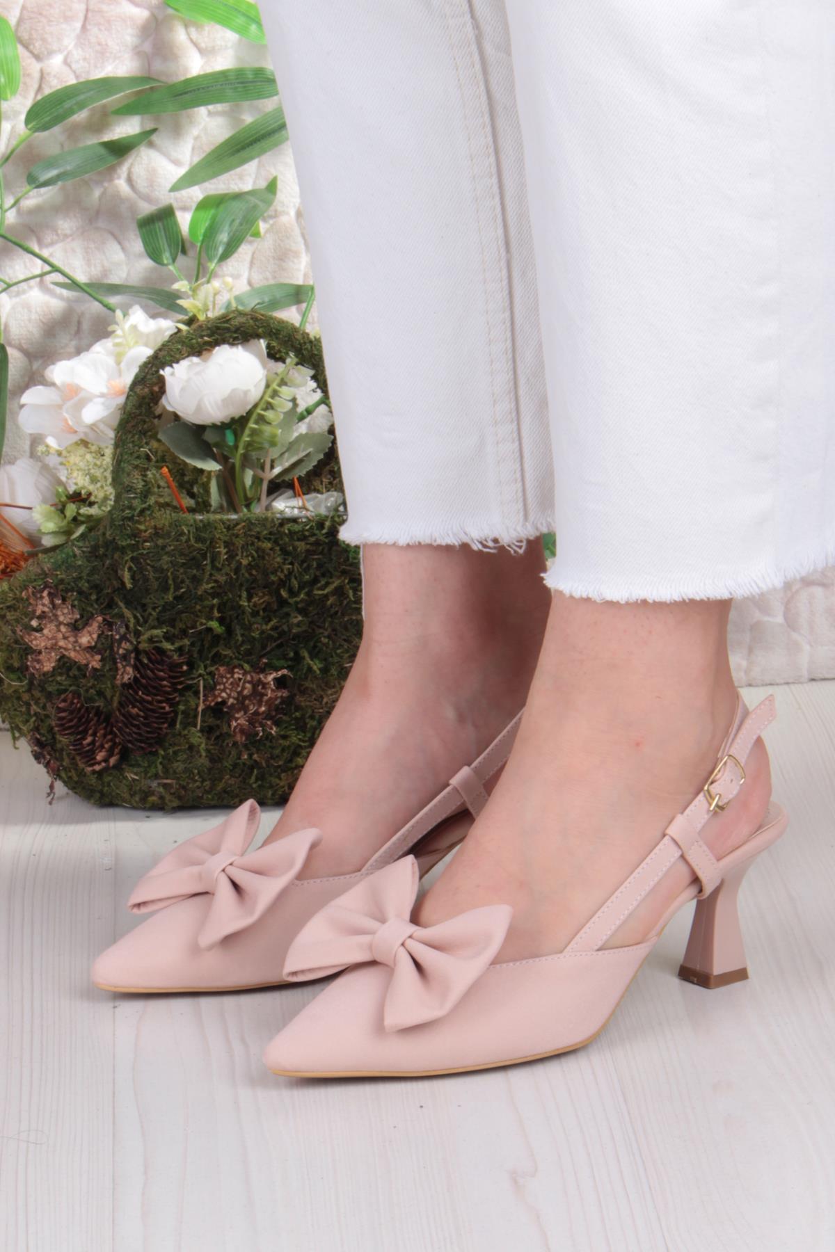 018-407 Fls Saten Önü Kapalı Fiyonklu Arkası Açık Topuklu Ayakkabı - Görsel 3
