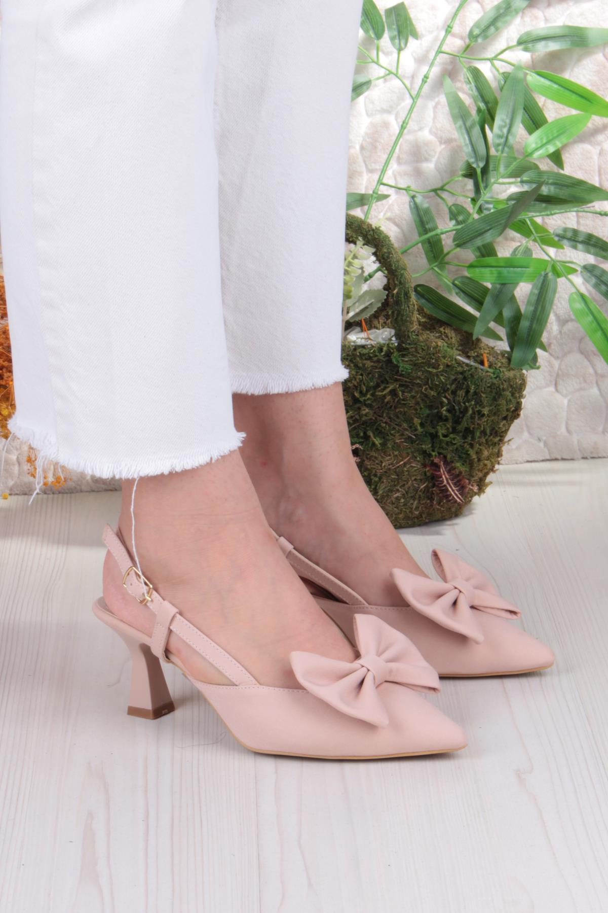 018-407 Fls Saten Önü Kapalı Fiyonklu Arkası Açık Topuklu Ayakkabı - Görsel 4