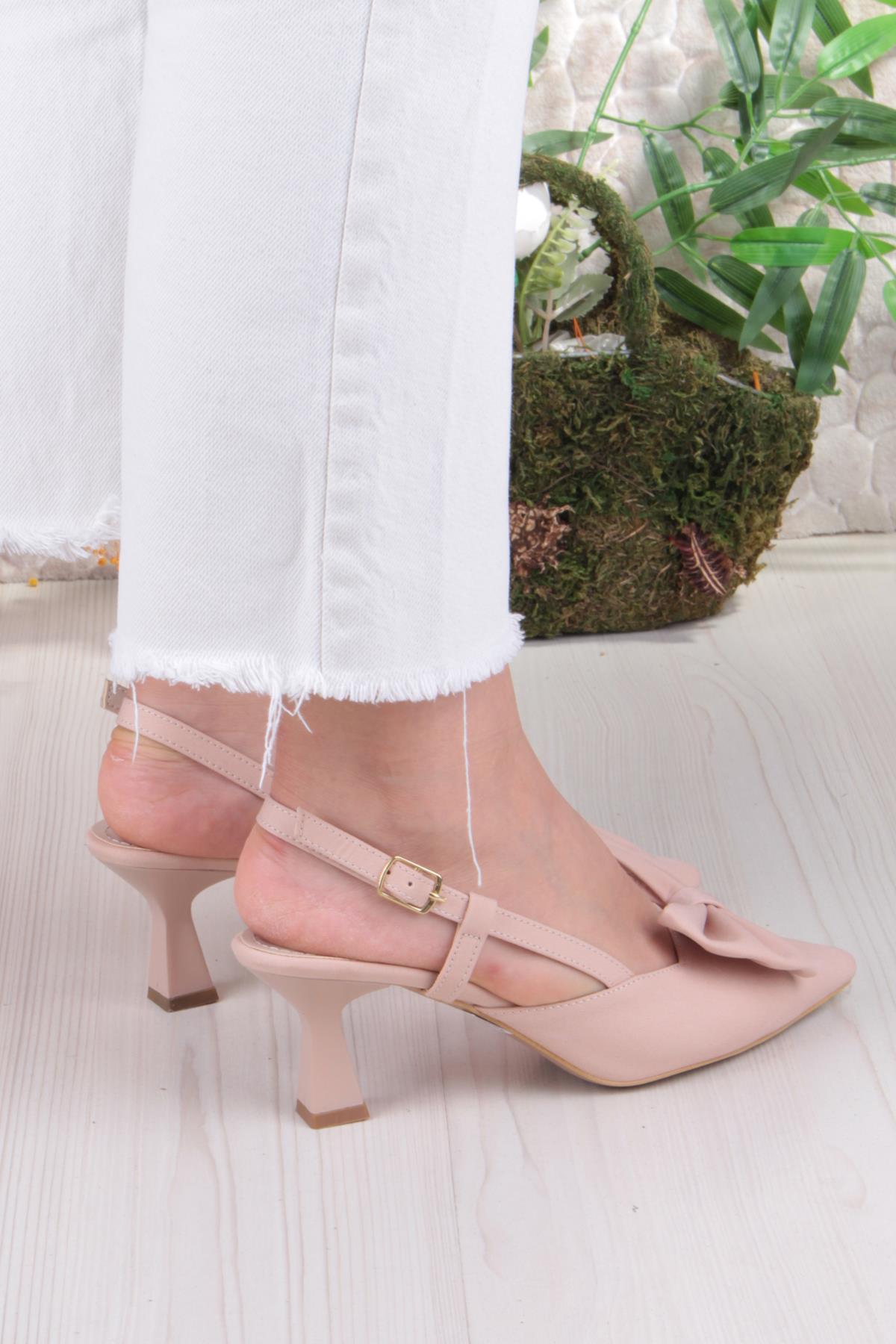 018-407 Fls Saten Önü Kapalı Fiyonklu Arkası Açık Topuklu Ayakkabı - Görsel 5