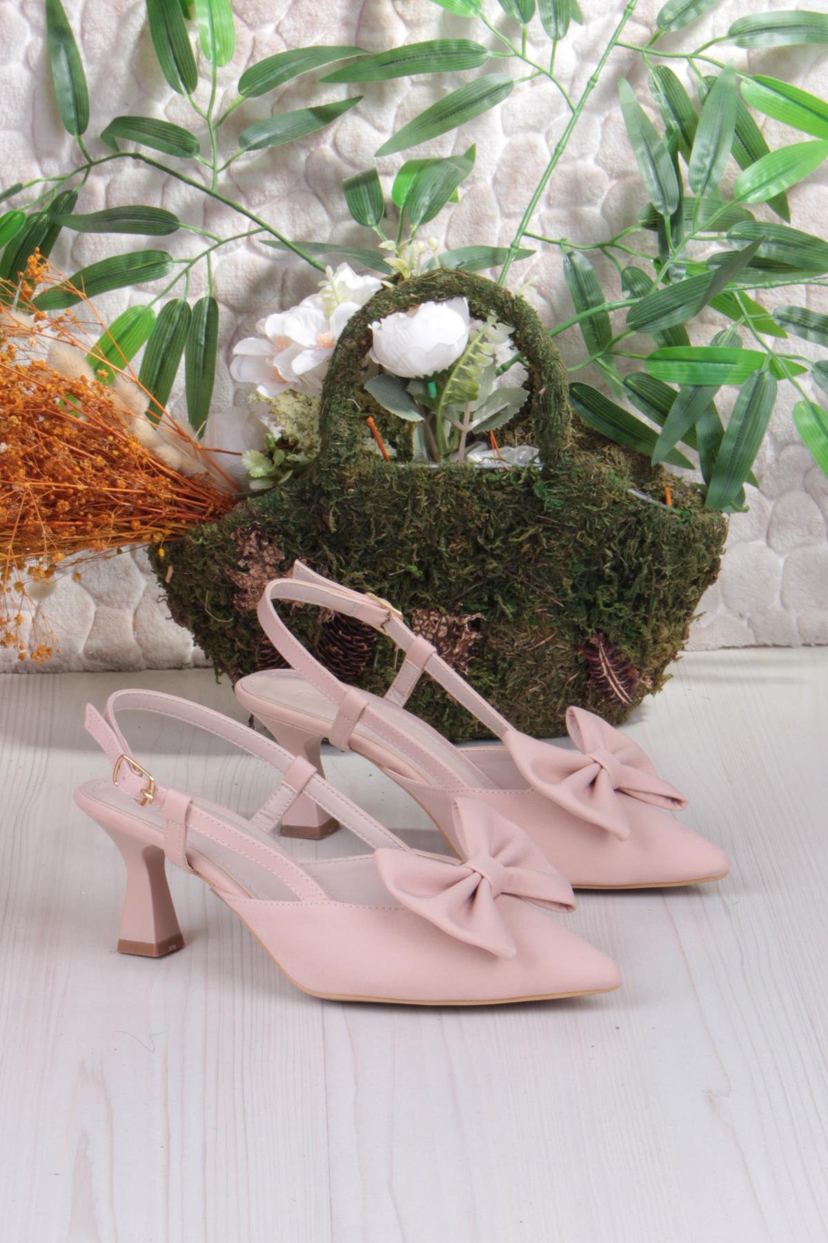 018-407 Fls Saten Önü Kapalı Fiyonklu Arkası Açık Topuklu Ayakkabı - Görsel 6