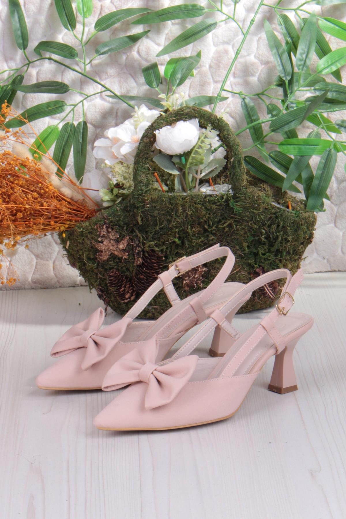 018-407 Fls Saten Önü Kapalı Fiyonklu Arkası Açık Topuklu Ayakkabı - Görsel 7