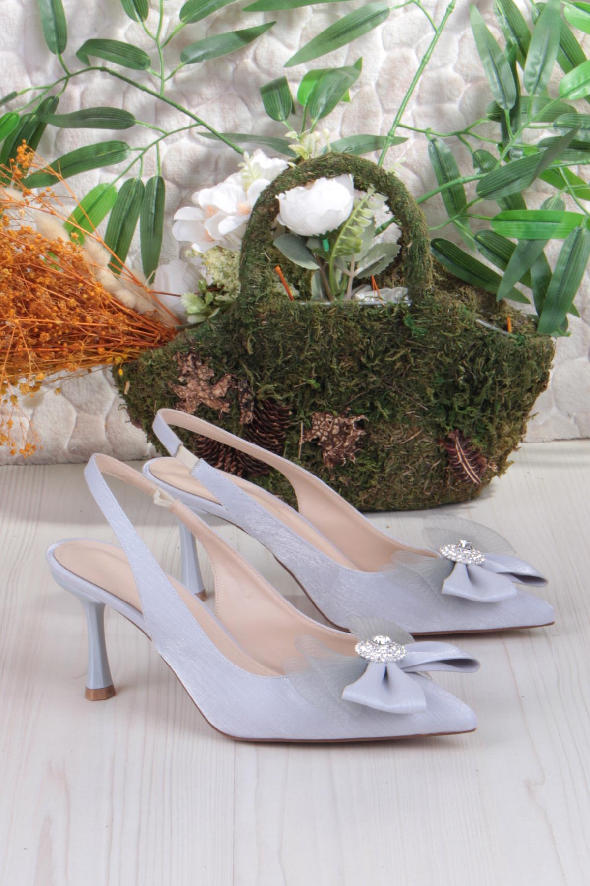 129-1070 Fls Saten Taşlı Fiyonk Detaylı Arkası Açık Önü Kapalı Topuklu Kadın Ayakkabı - Görsel 6