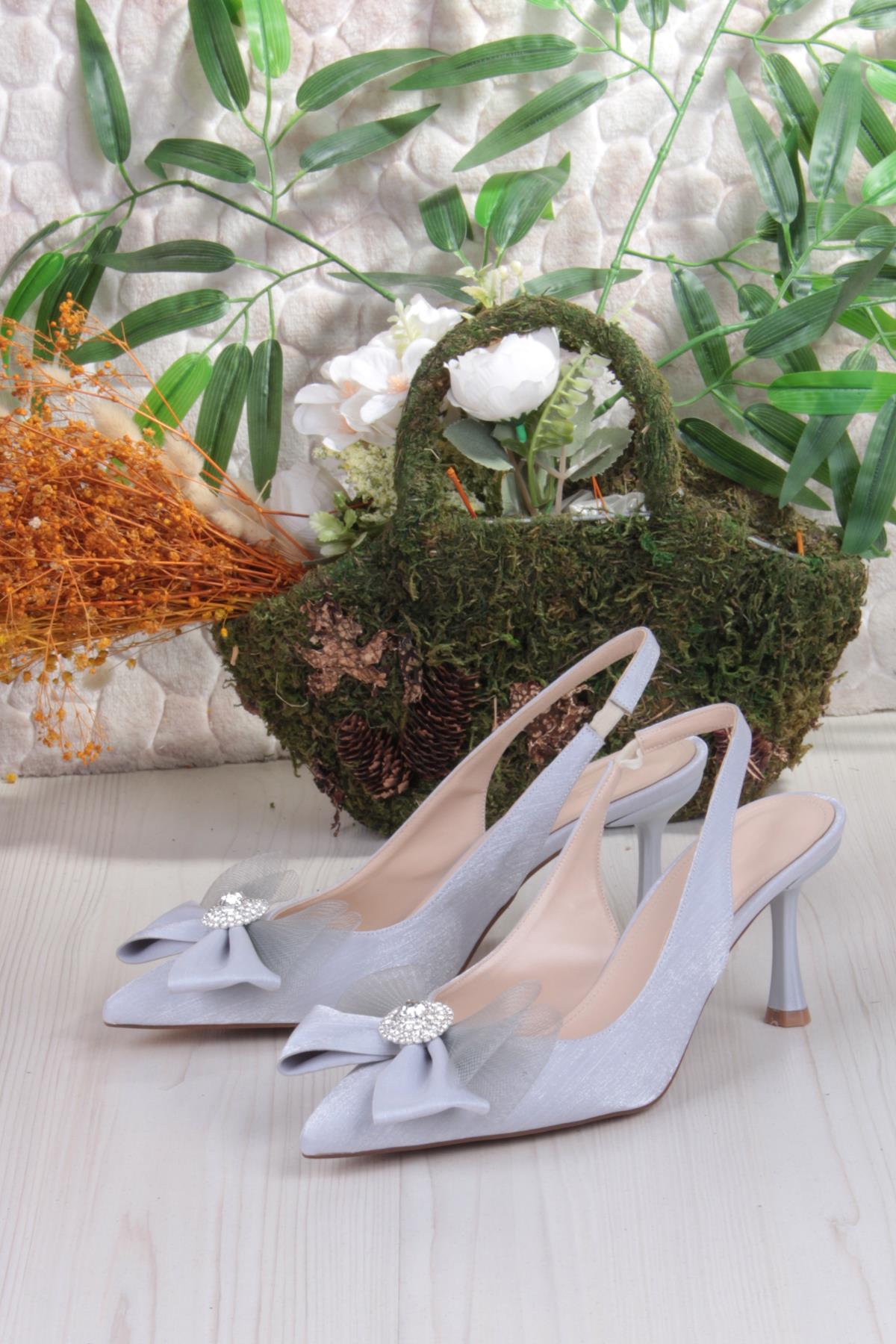 129-1070 Fls Saten Taşlı Fiyonk Detaylı Arkası Açık Önü Kapalı Topuklu Kadın Ayakkabı - Görsel 7