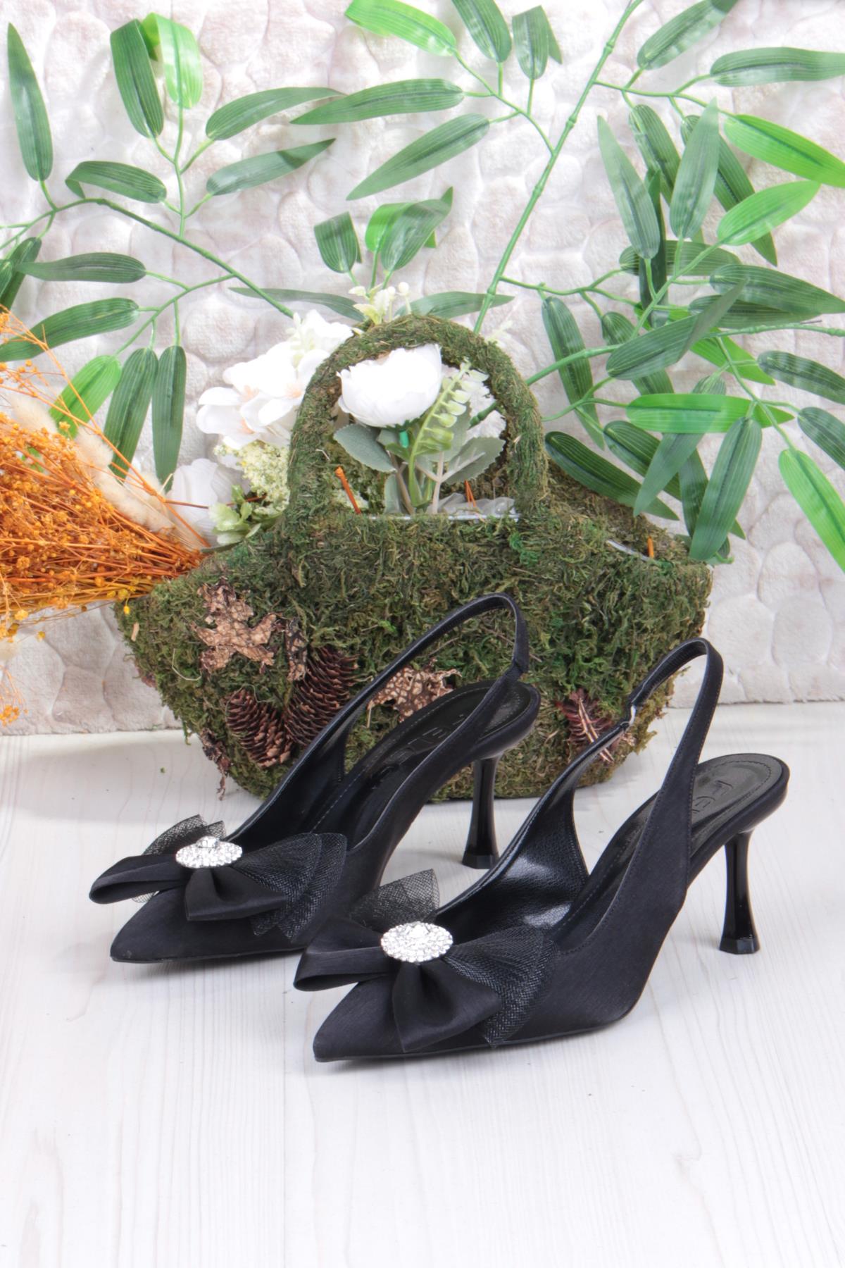 129-1070 Fls Saten Taşlı Fiyonk Detaylı Arkası Açık Önü Kapalı Topuklu Kadın Ayakkabı - Görsel 7