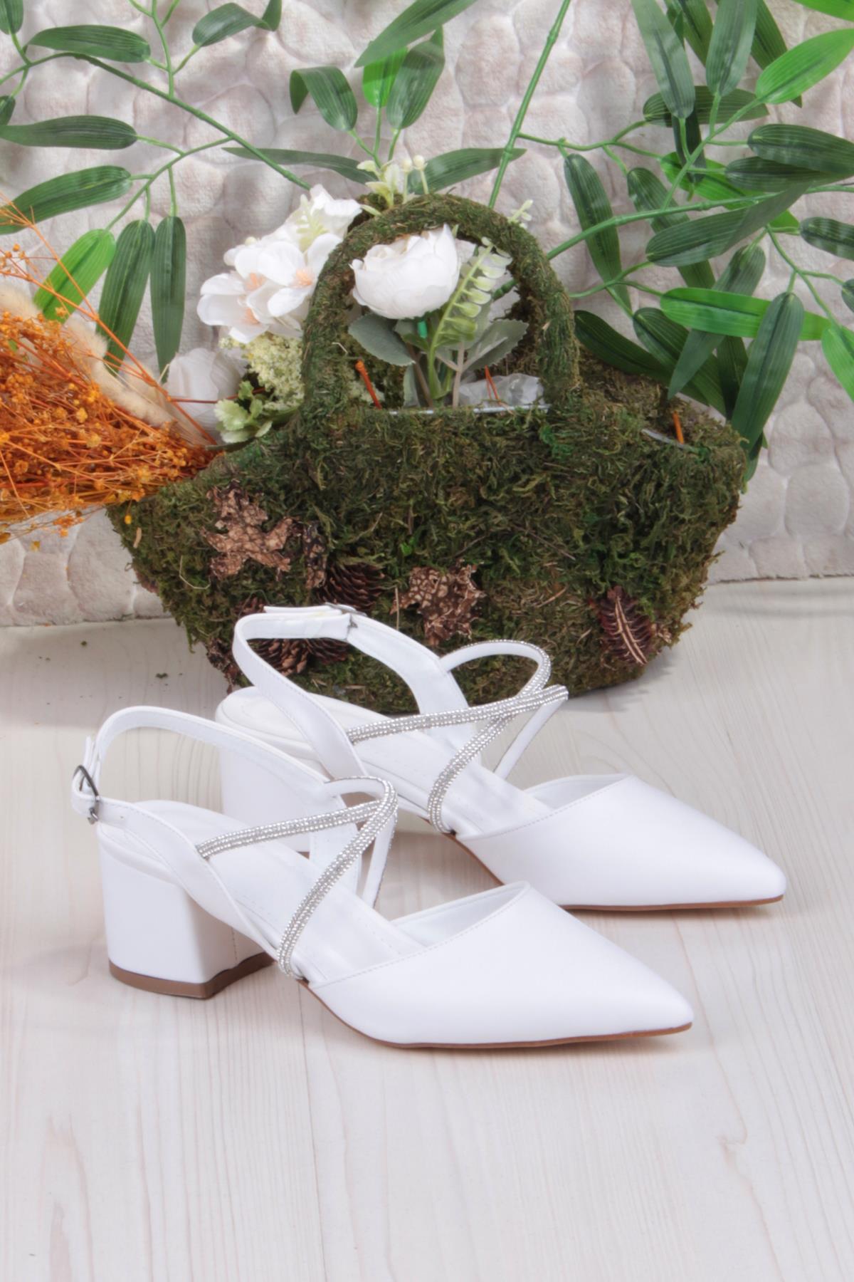 110-411 Çapraz Taşlı Arkası Açık Klasik Topuklu Kadın Ayakkabı - Görsel 2