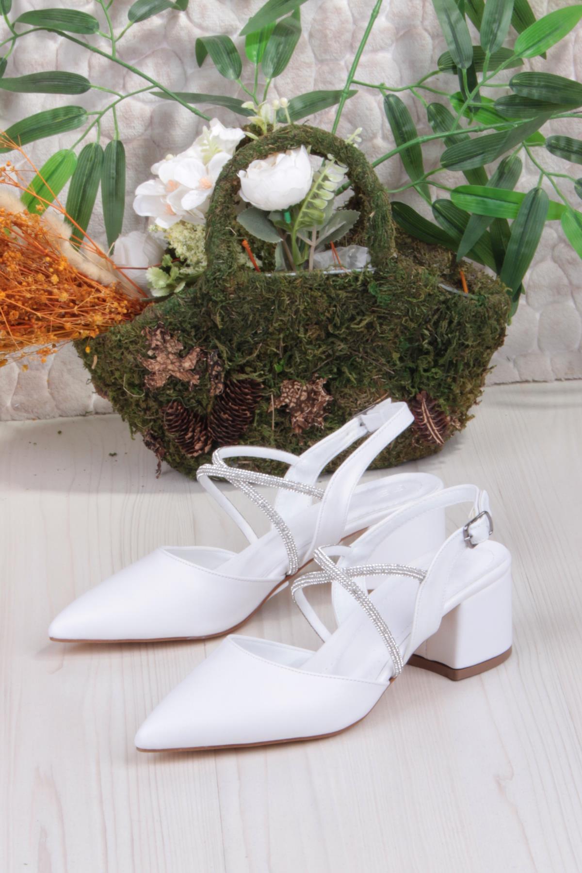 110-411 Çapraz Taşlı Arkası Açık Klasik Topuklu Kadın Ayakkabı - Görsel 4