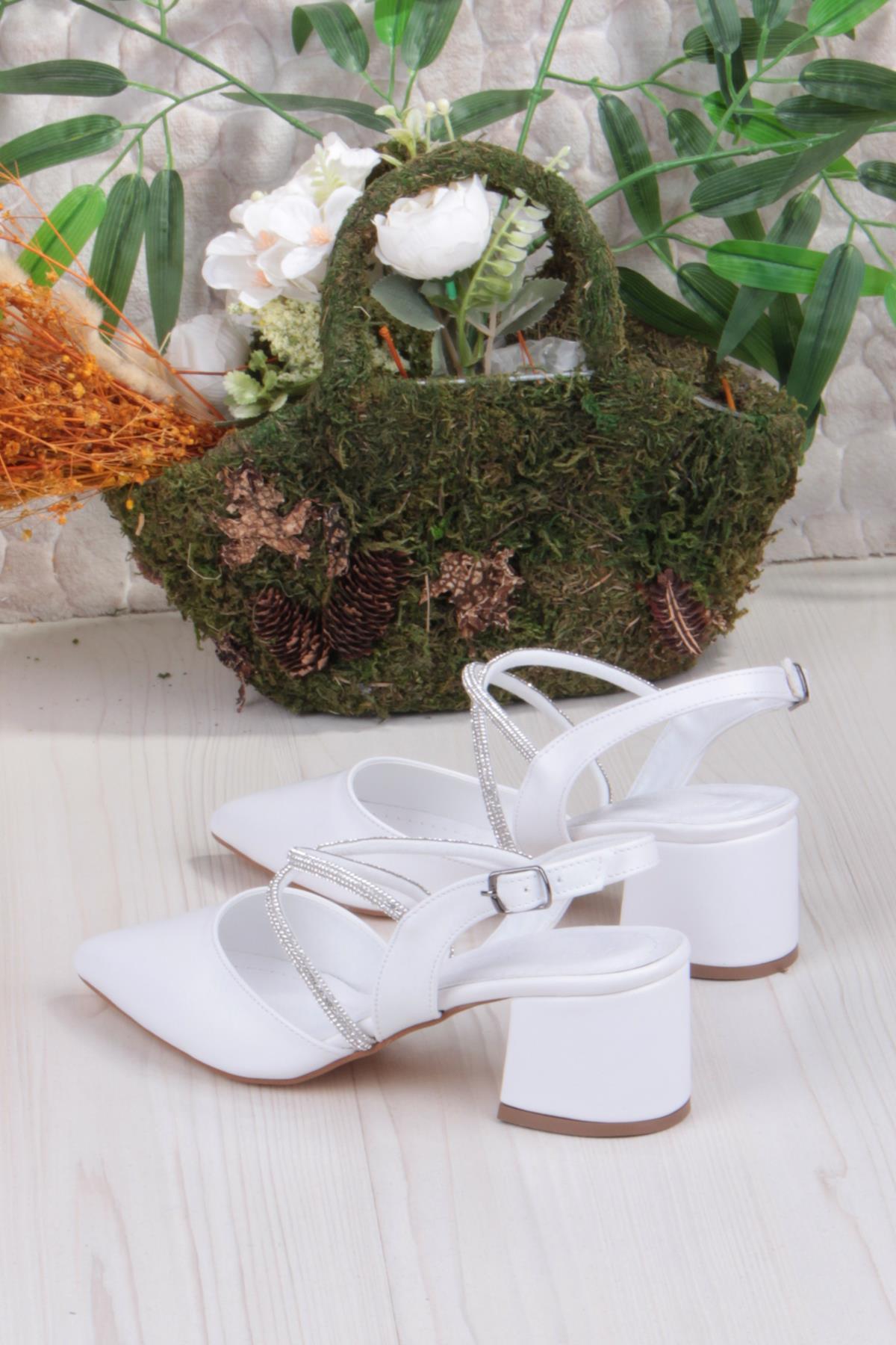 110-411 Çapraz Taşlı Arkası Açık Klasik Topuklu Kadın Ayakkabı - Görsel 5