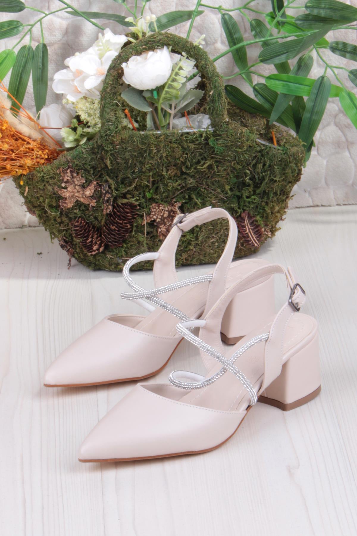 110-411 Çapraz Taşlı Arkası Açık Klasik Topuklu Kadın Ayakkabı - Görsel 4