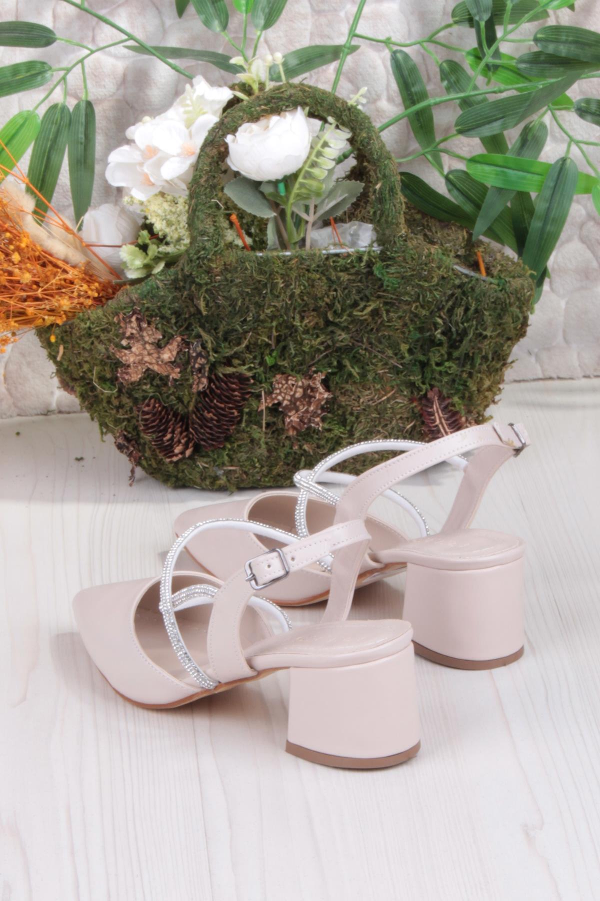 110-411 Çapraz Taşlı Arkası Açık Klasik Topuklu Kadın Ayakkabı - Görsel 5