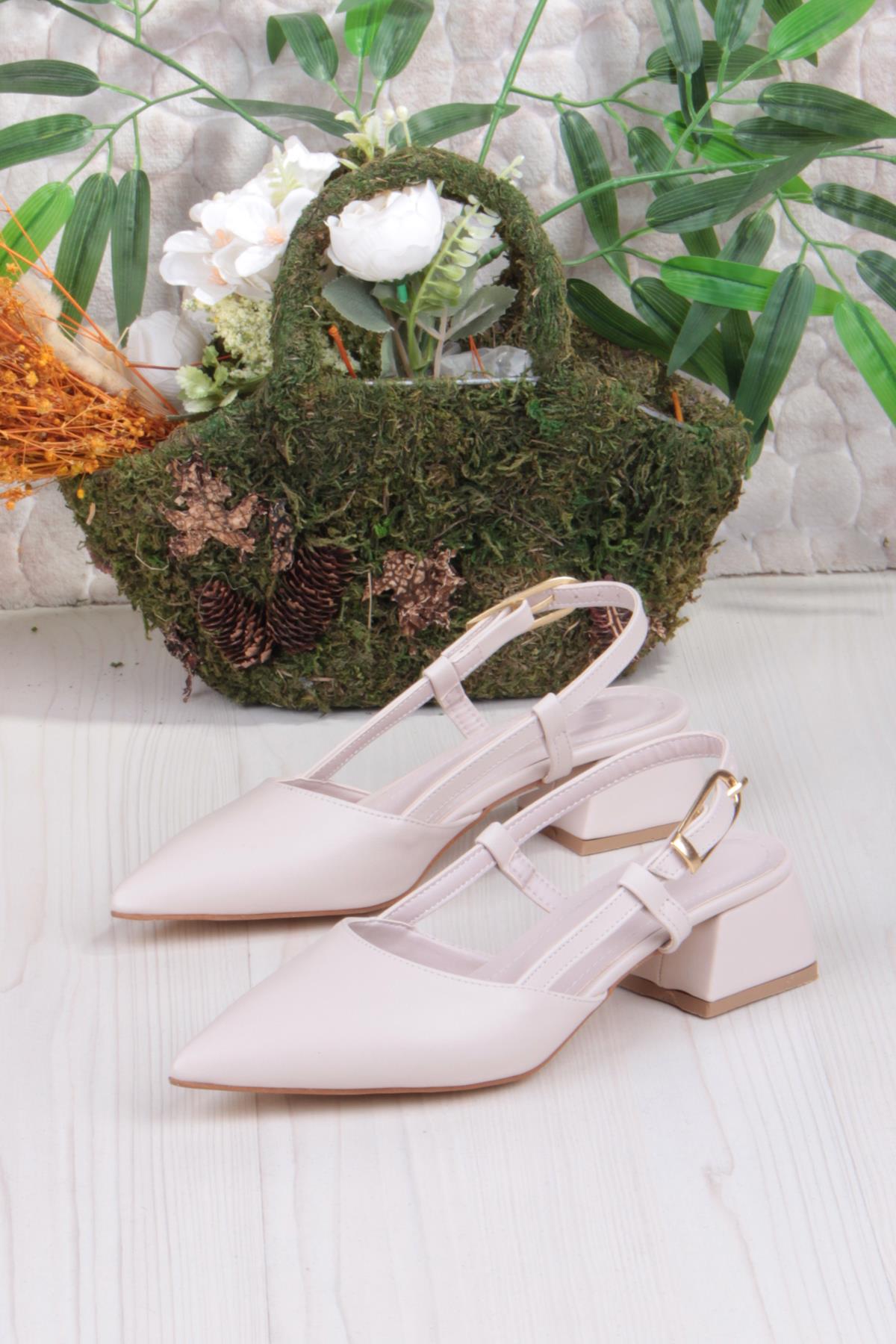 35126 Ceyn Cilt Arkası Açık Kalın Topuklu Sivri Burun Kadın Ayakkabı - Görsel 4