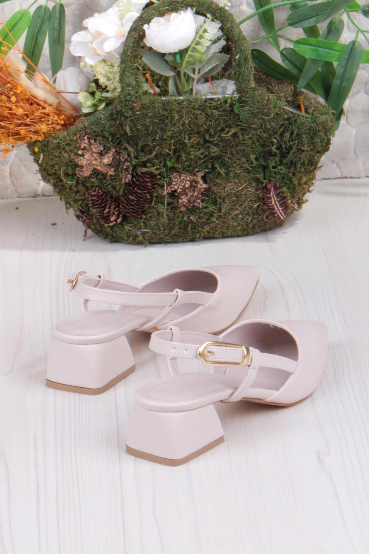 35126 Ceyn Cilt Arkası Açık Kalın Topuklu Sivri Burun Kadın Ayakkabı - Görsel 5