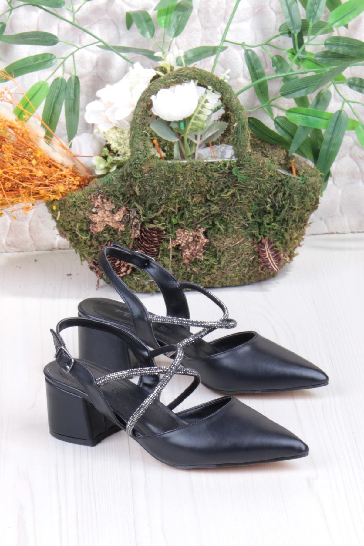 110-411 Çapraz Taşlı Arkası Açık Klasik Topuklu Kadın Ayakkabı - Görsel 2