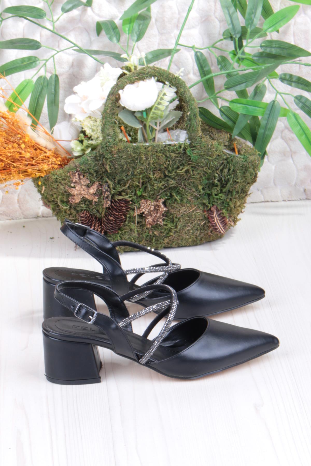 110-411 Çapraz Taşlı Arkası Açık Klasik Topuklu Kadın Ayakkabı - Görsel 3