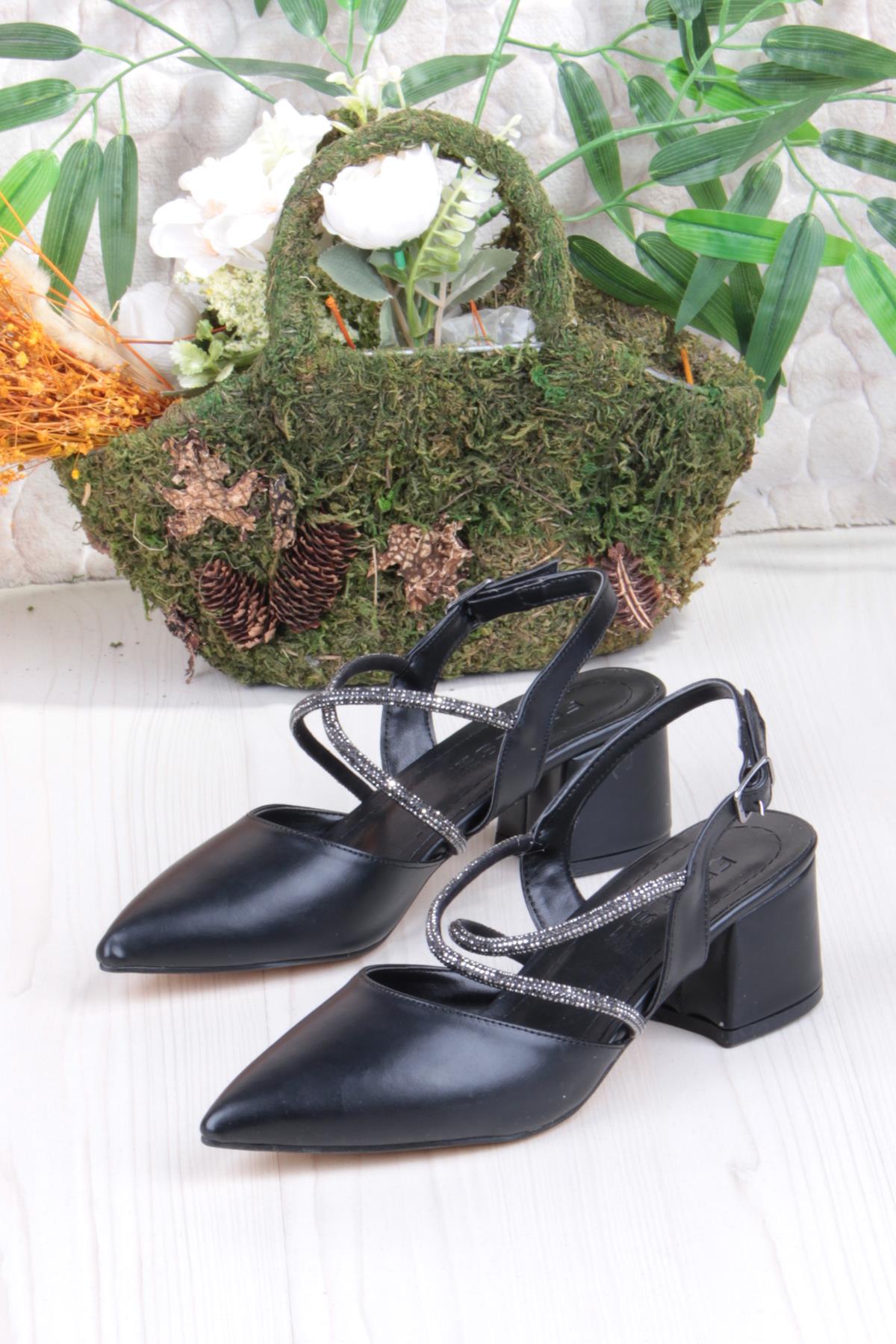 110-411 Çapraz Taşlı Arkası Açık Klasik Topuklu Kadın Ayakkabı - Görsel 4