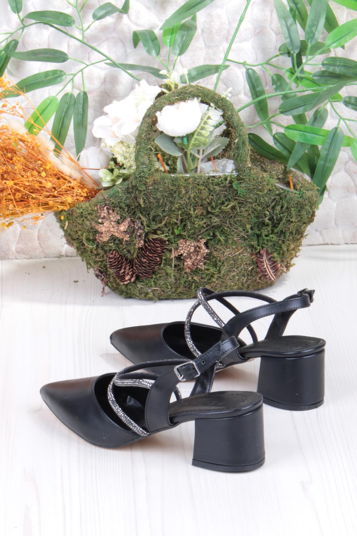 110-411 Çapraz Taşlı Arkası Açık Klasik Topuklu Kadın Ayakkabı - Görsel 5