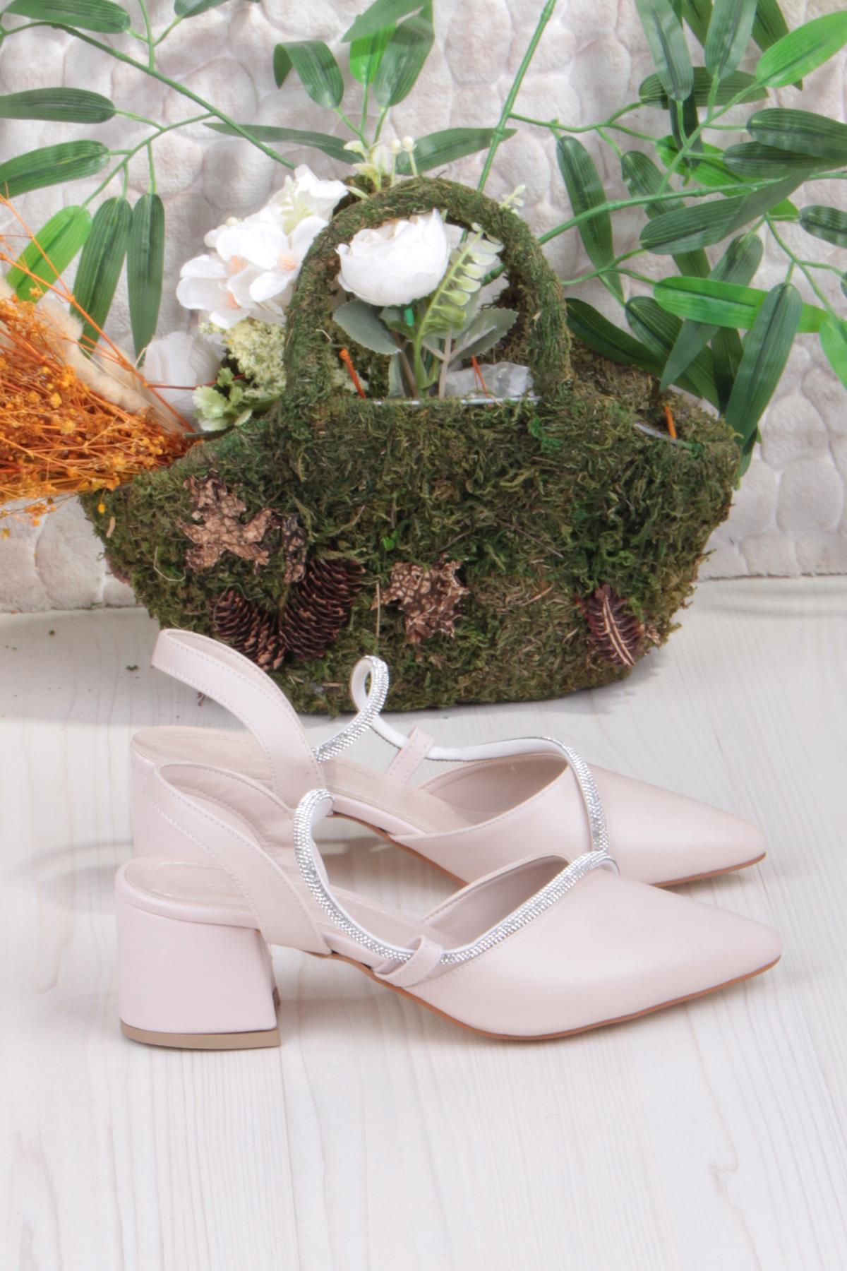 110-473 Fls Biye Taşlı Arkası Açık Klasik Topuklu Kadın Ayakkabı - Görsel 3