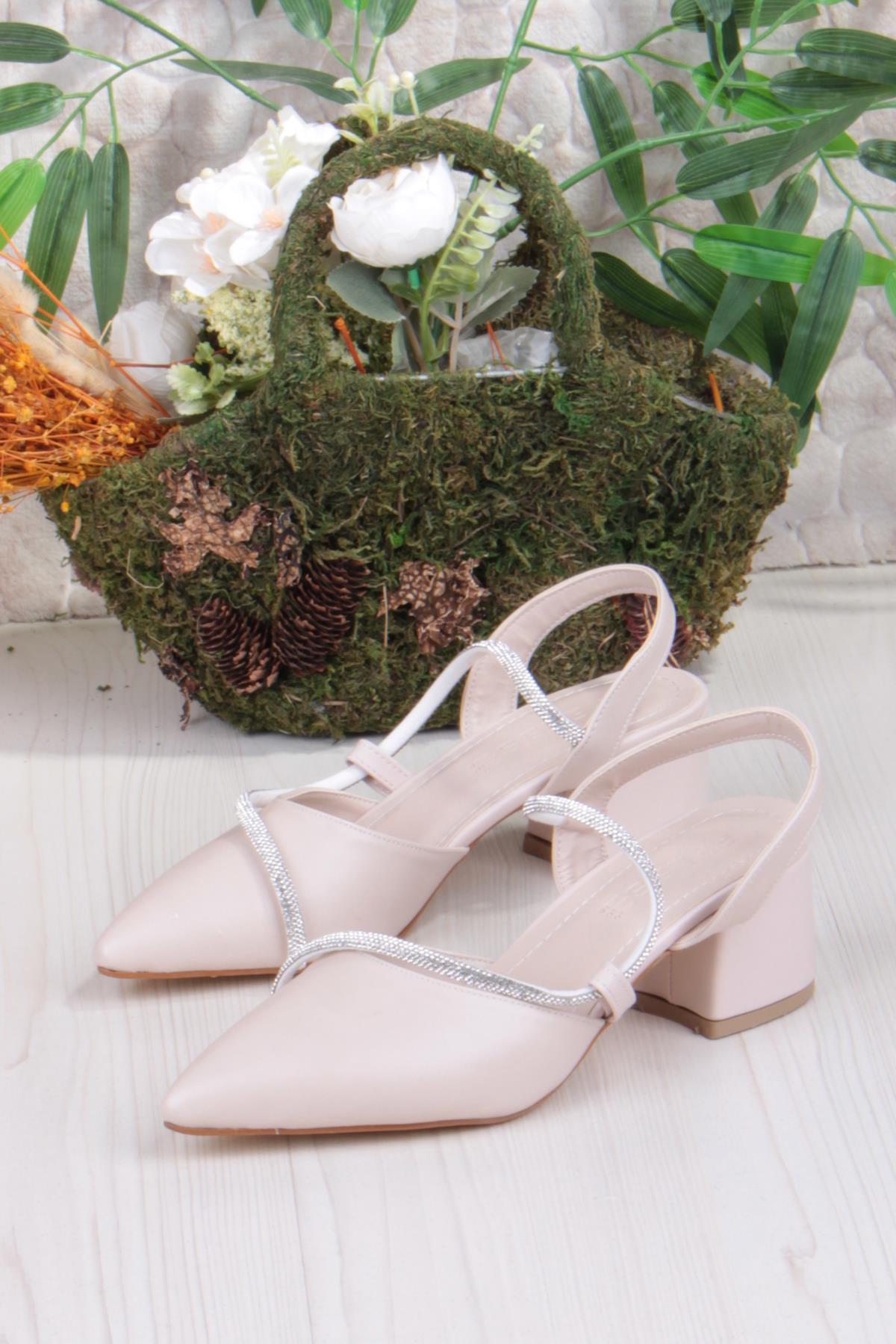 110-473 Fls Biye Taşlı Arkası Açık Klasik Topuklu Kadın Ayakkabı - Görsel 4