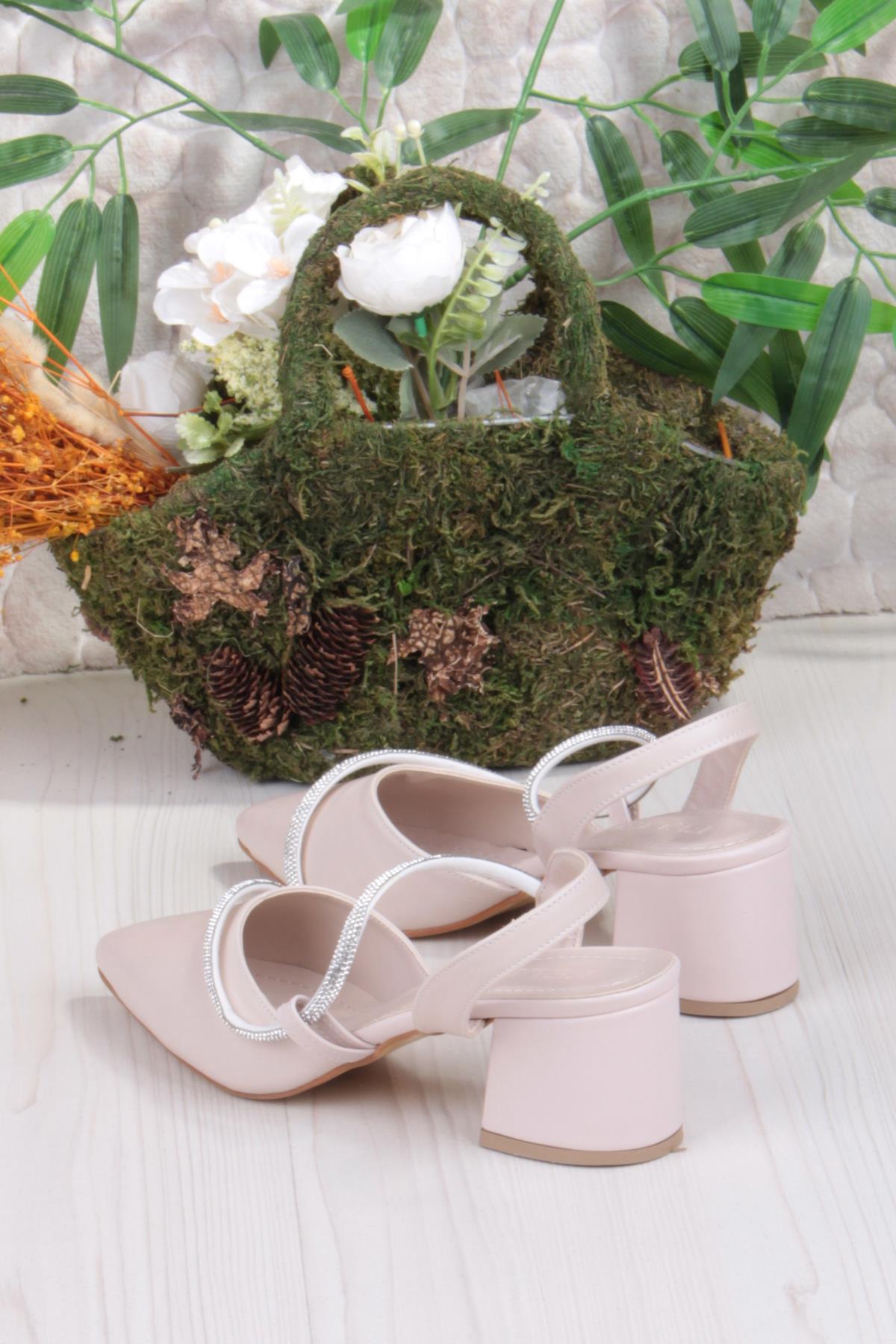 110-473 Fls Biye Taşlı Arkası Açık Klasik Topuklu Kadın Ayakkabı - Görsel 5