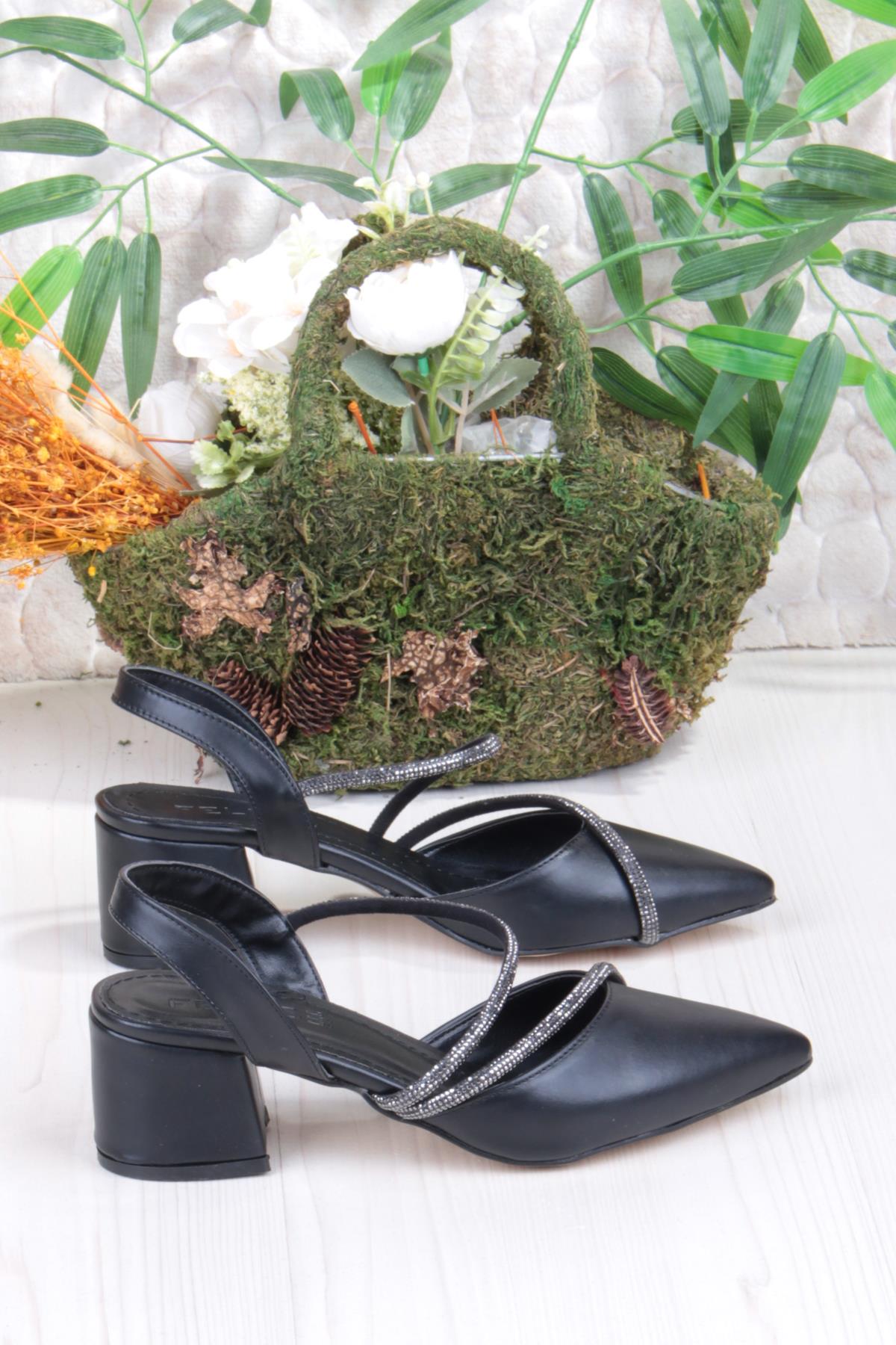 110-415 Biye Taşlı Alçak Kalın Topuklu Kadın Ayakkabı - Görsel 3