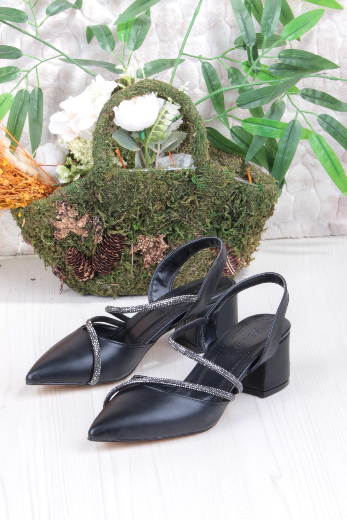 110-415 Biye Taşlı Alçak Kalın Topuklu Kadın Ayakkabı - Görsel 4